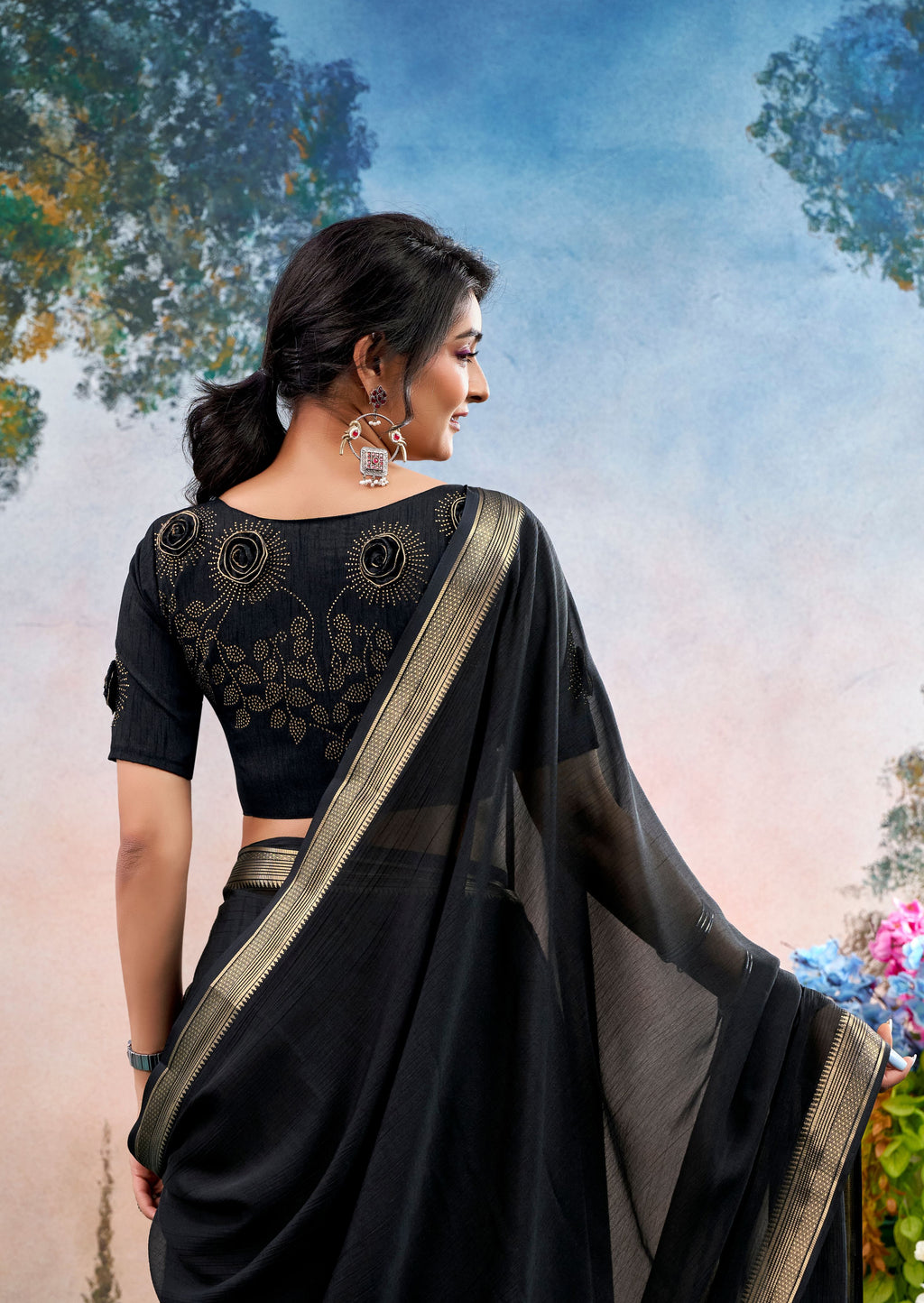 Veyra Black Chinon Saree with Floral Design | Janki Blue | Pranjal Premium