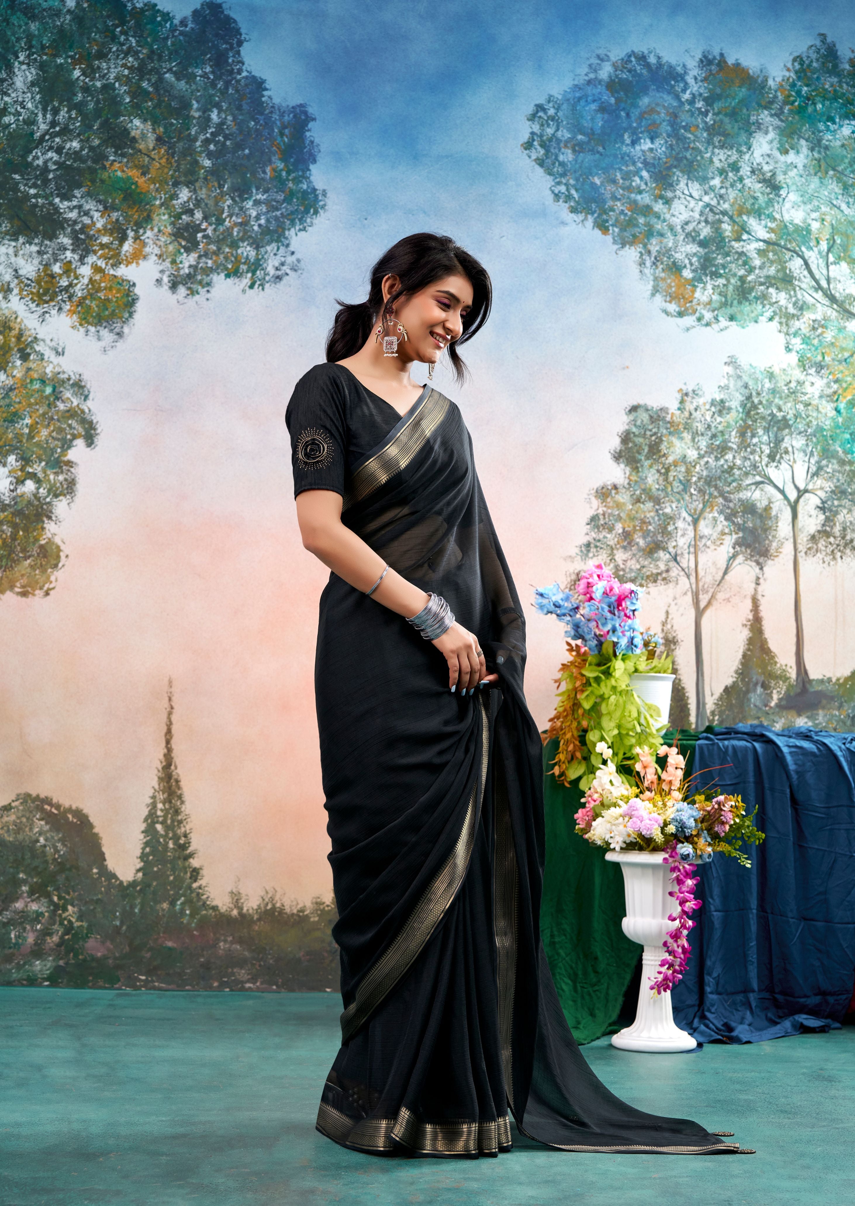 Veyra Black Chinon Saree with Floral Design | Janki Blue | Pranjal Premium