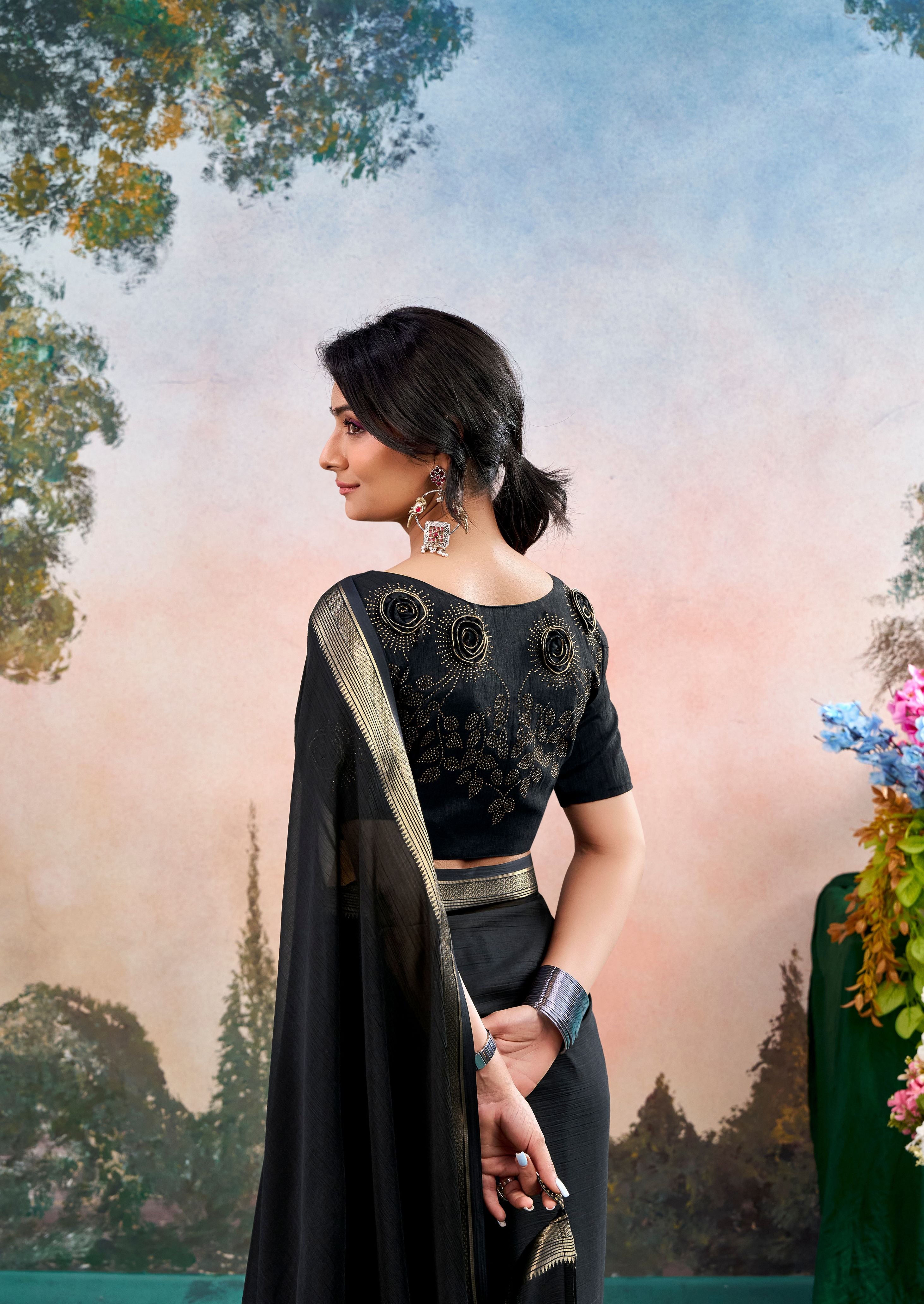 Veyra Black Chinon Saree with Floral Design | Janki Blue | Pranjal Premium