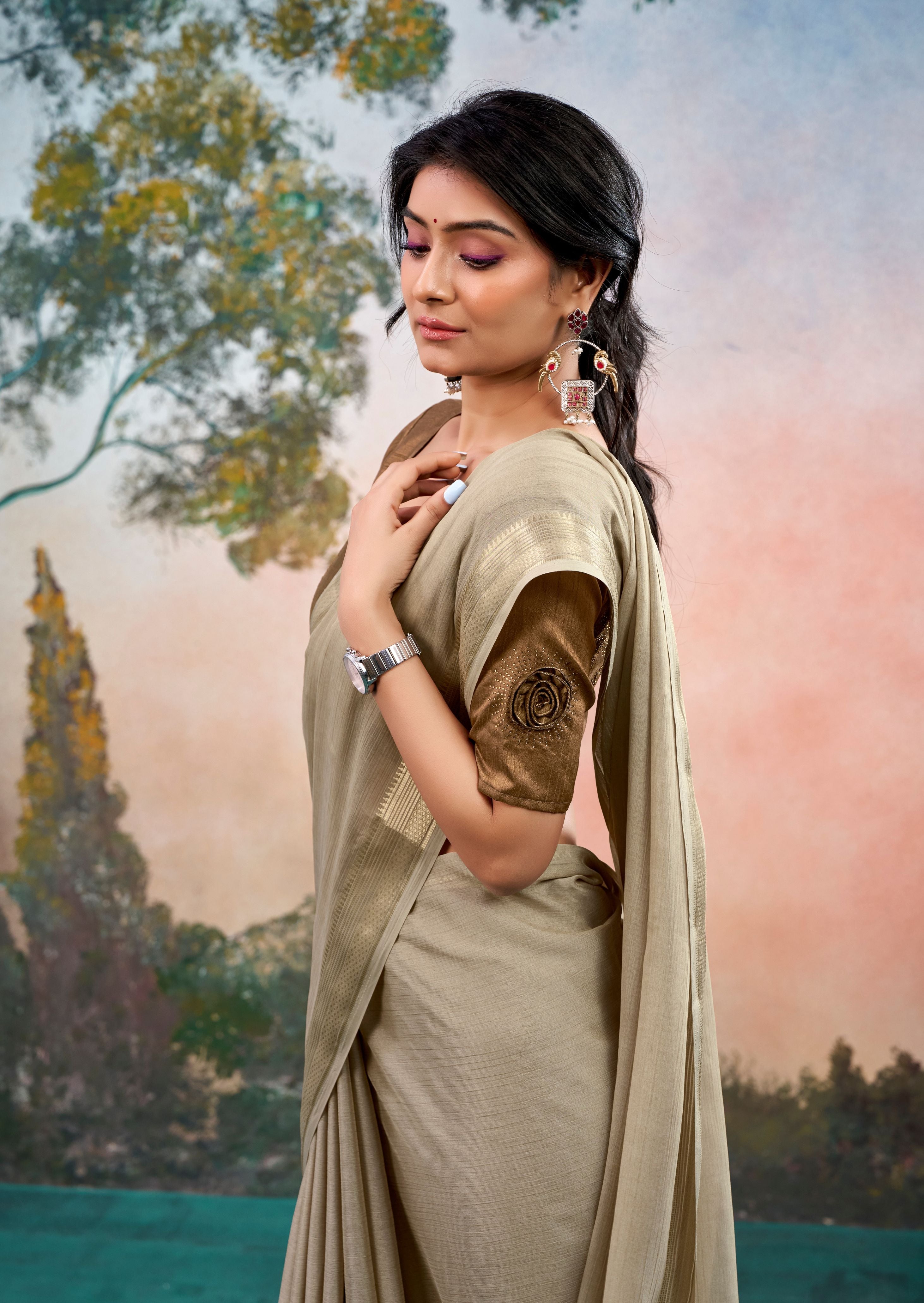 Kairo Dusty Olive Chinon Saree with Floral Design | Pranjal Premium