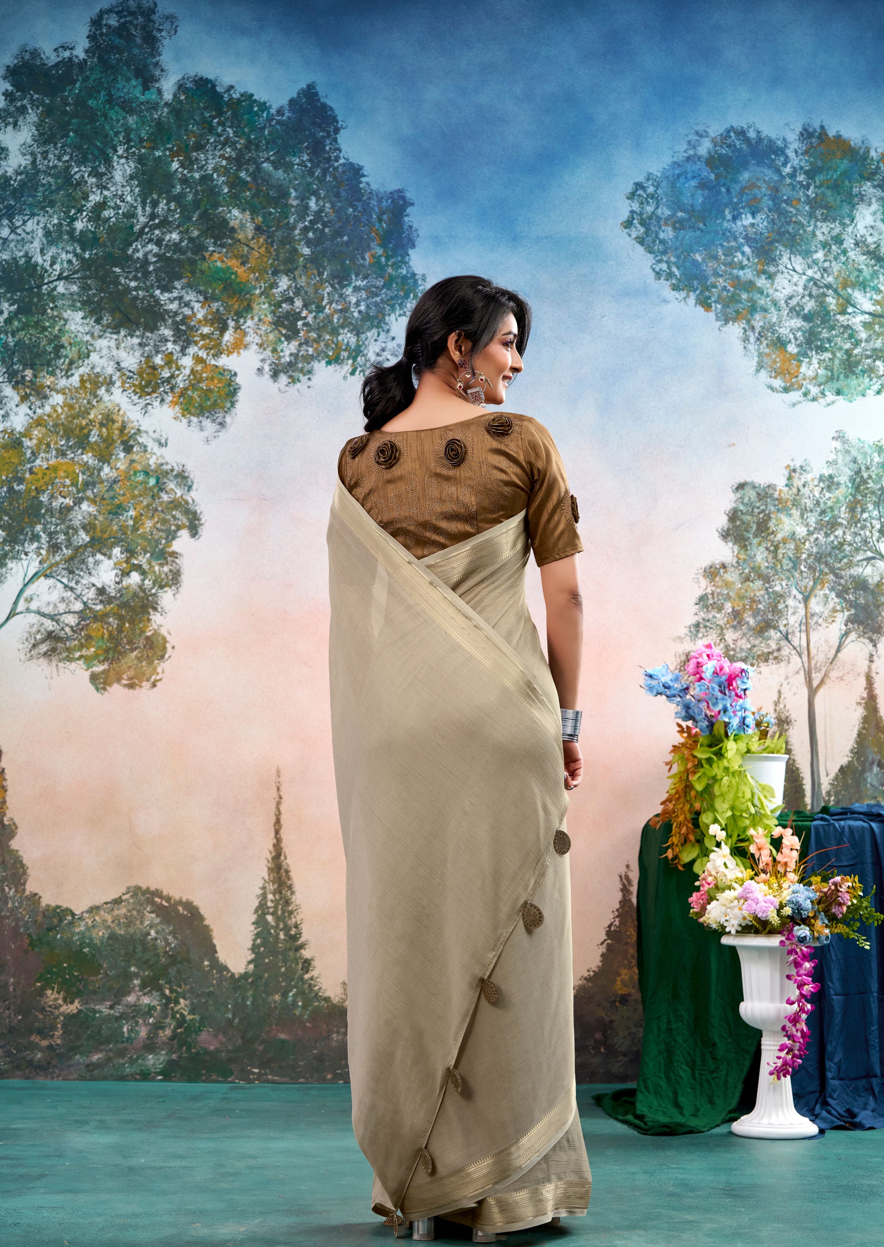 Kairo Dusty Olive Chinon Saree with Floral Design | Pranjal Premium