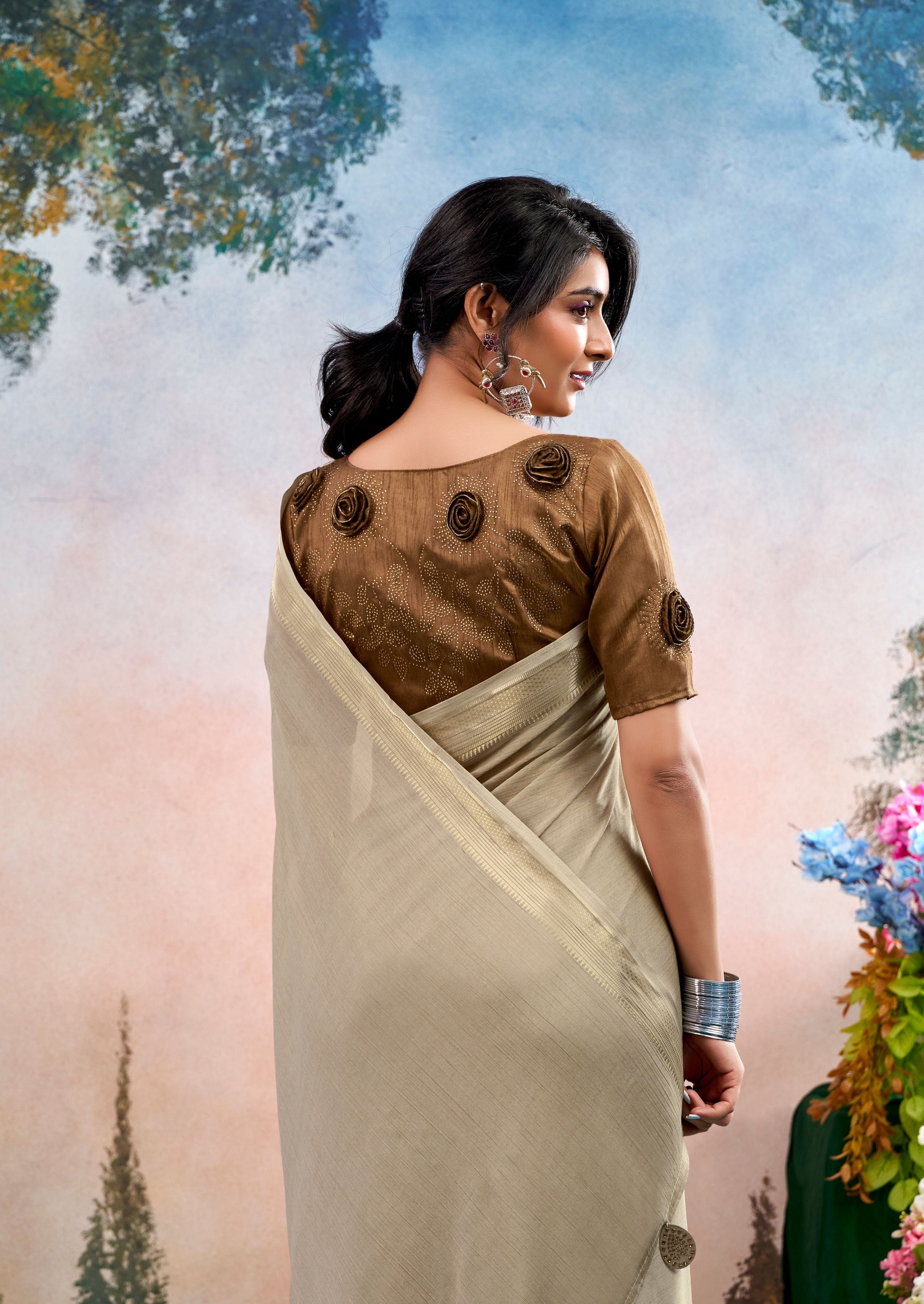 Kairo Dusty Olive Chinon Saree with Floral Design | Pranjal Premium