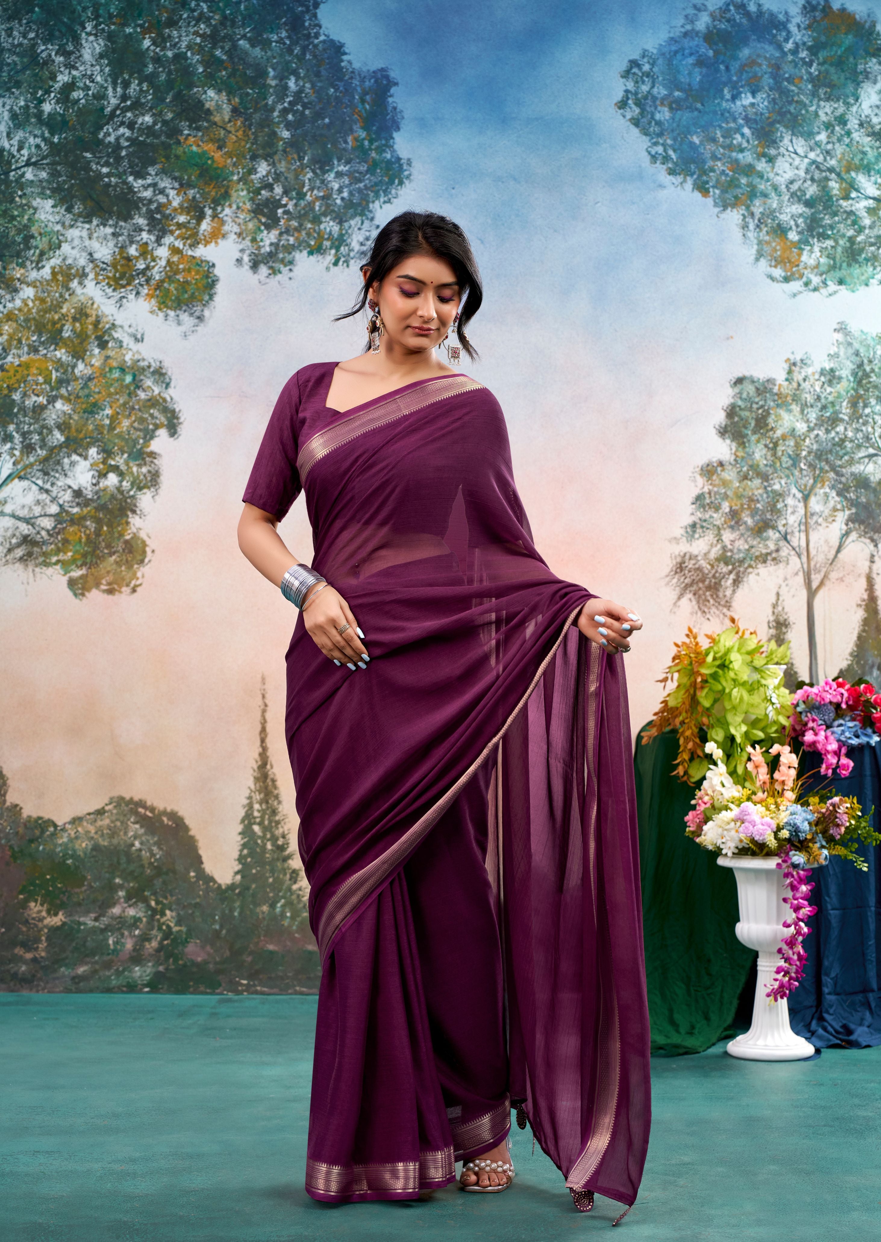 Morvane Magenta Purple Chinon Saree with Floral Design | Pranjal Premium