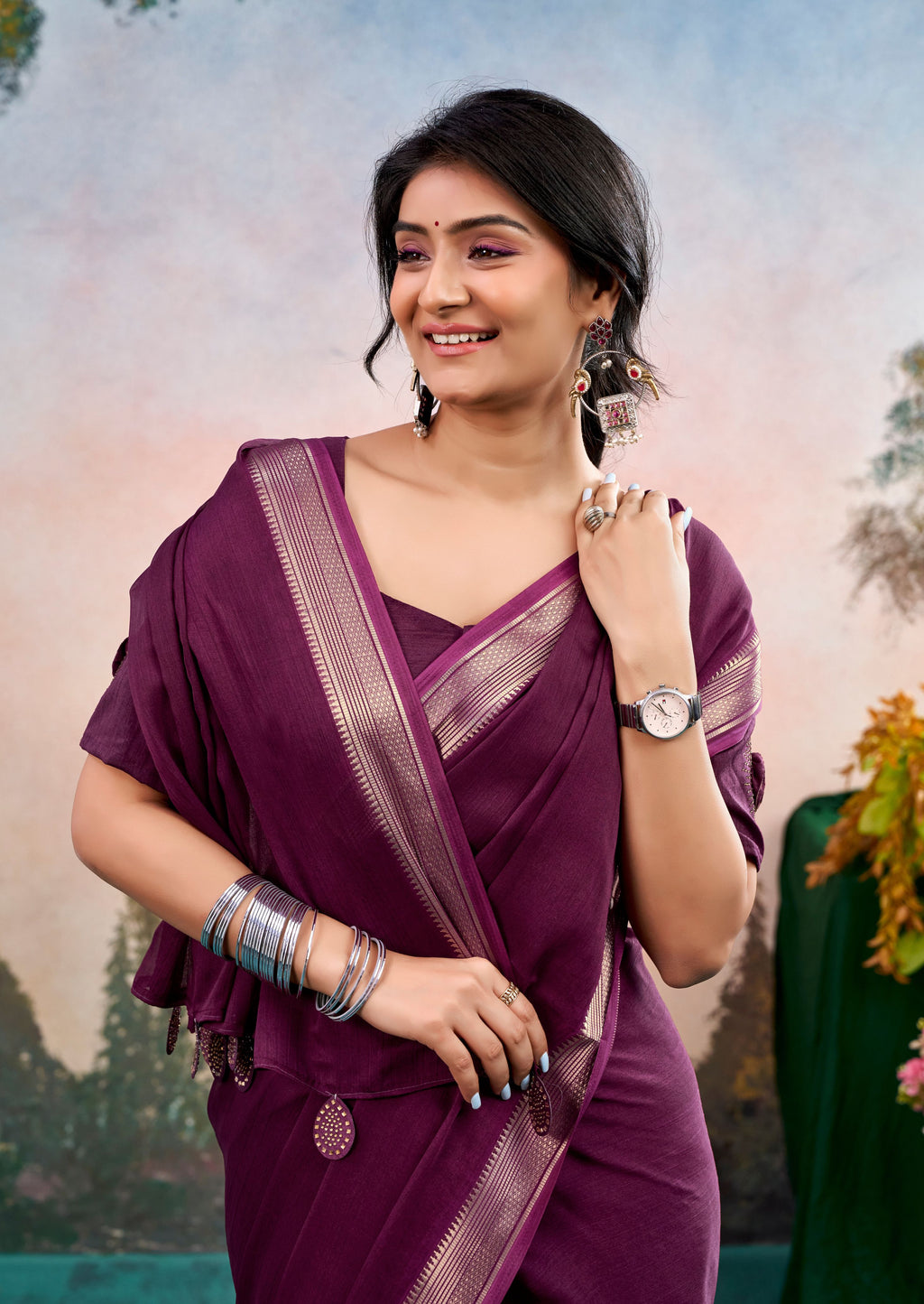 Morvane Magenta Purple Chinon Saree with Floral Design | Pranjal Premium