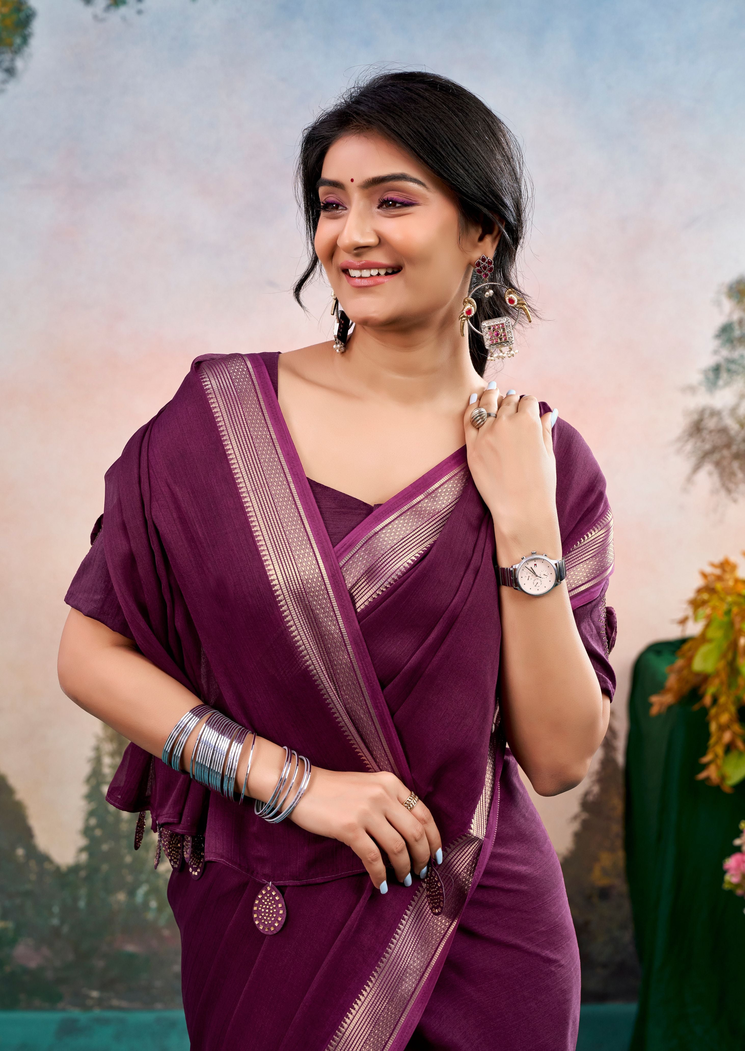 Morvane Magenta Purple Chinon Saree with Floral Design | Pranjal Premium