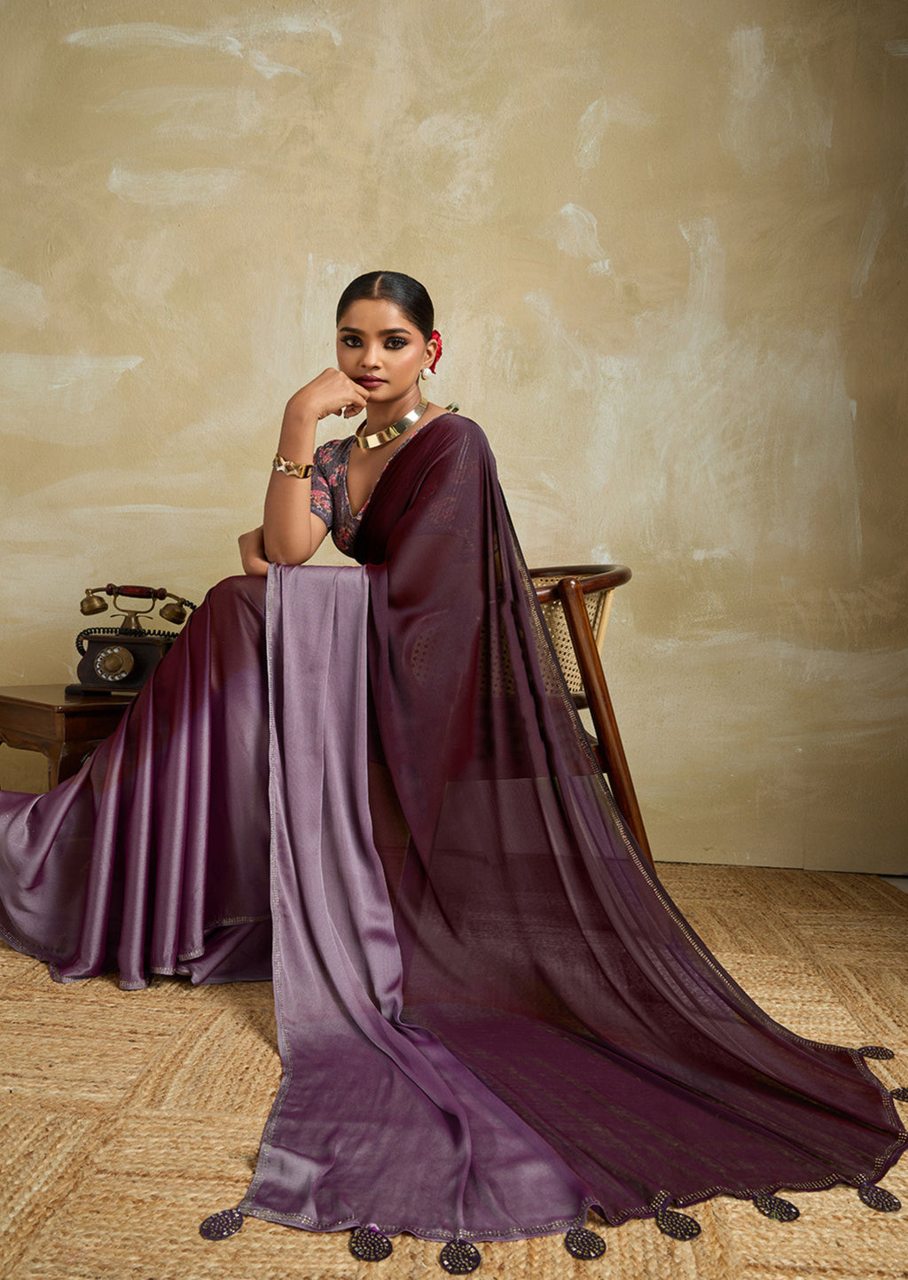 Midnight Velour Wine 3D Velvet Chiffon Saree | Swarovski & Sequence Blouse