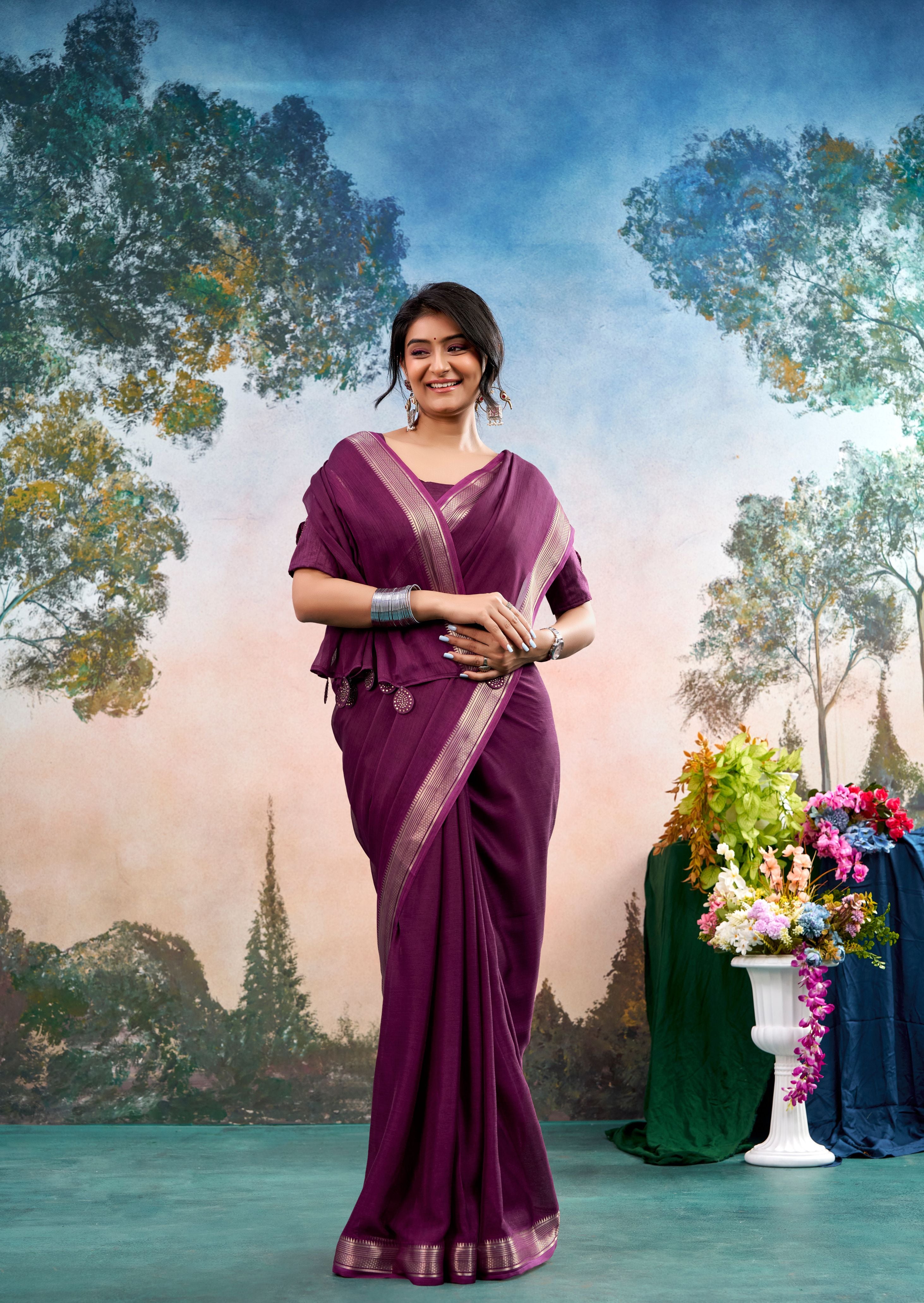 Morvane Magenta Purple Chinon Saree with Floral Design | Pranjal Premium