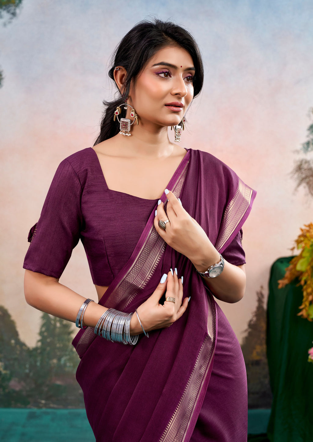 Morvane Magenta Purple Chinon Saree with Floral Design | Pranjal Premium