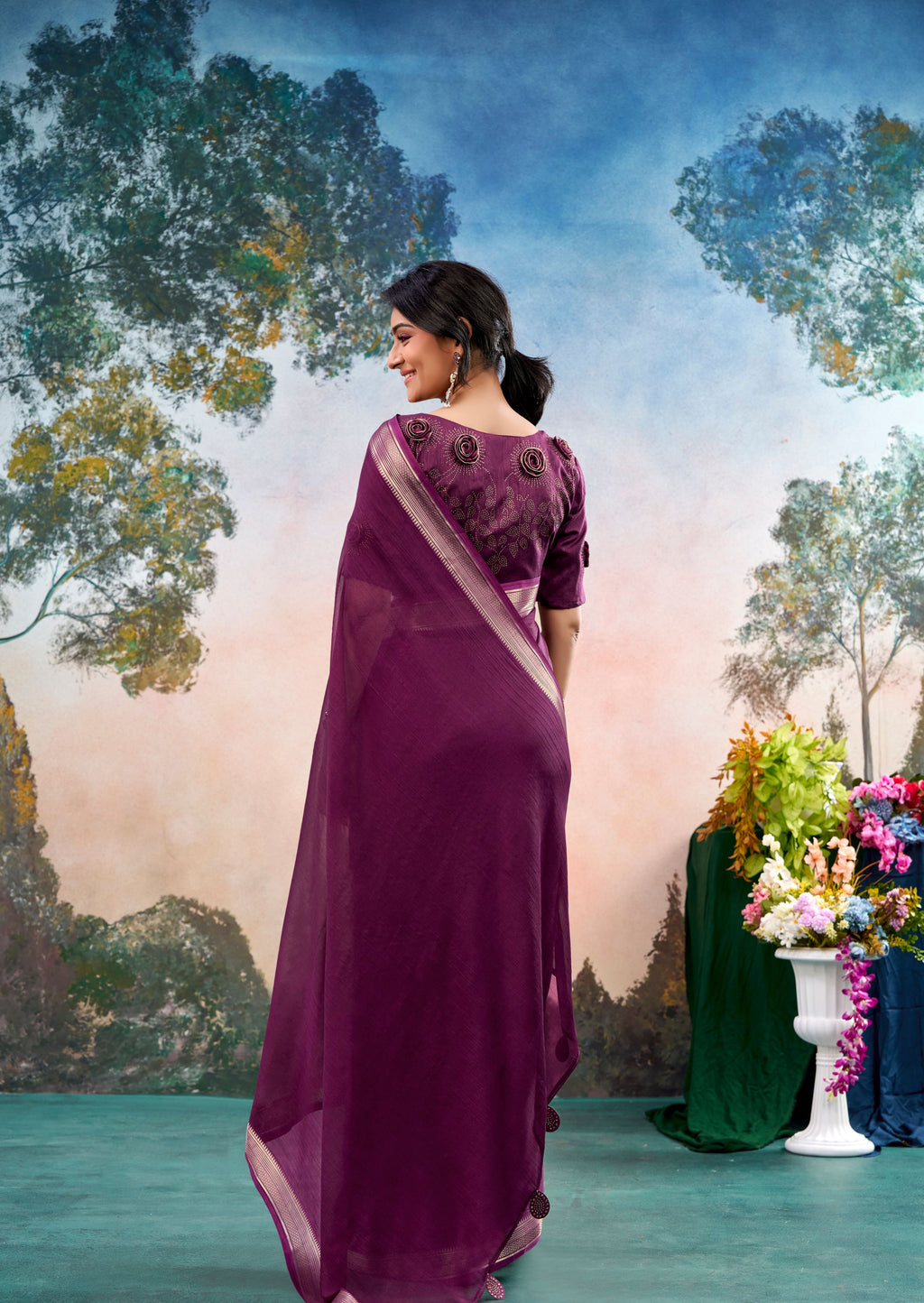 Morvane Magenta Purple Chinon Saree with Floral Design | Pranjal Premium