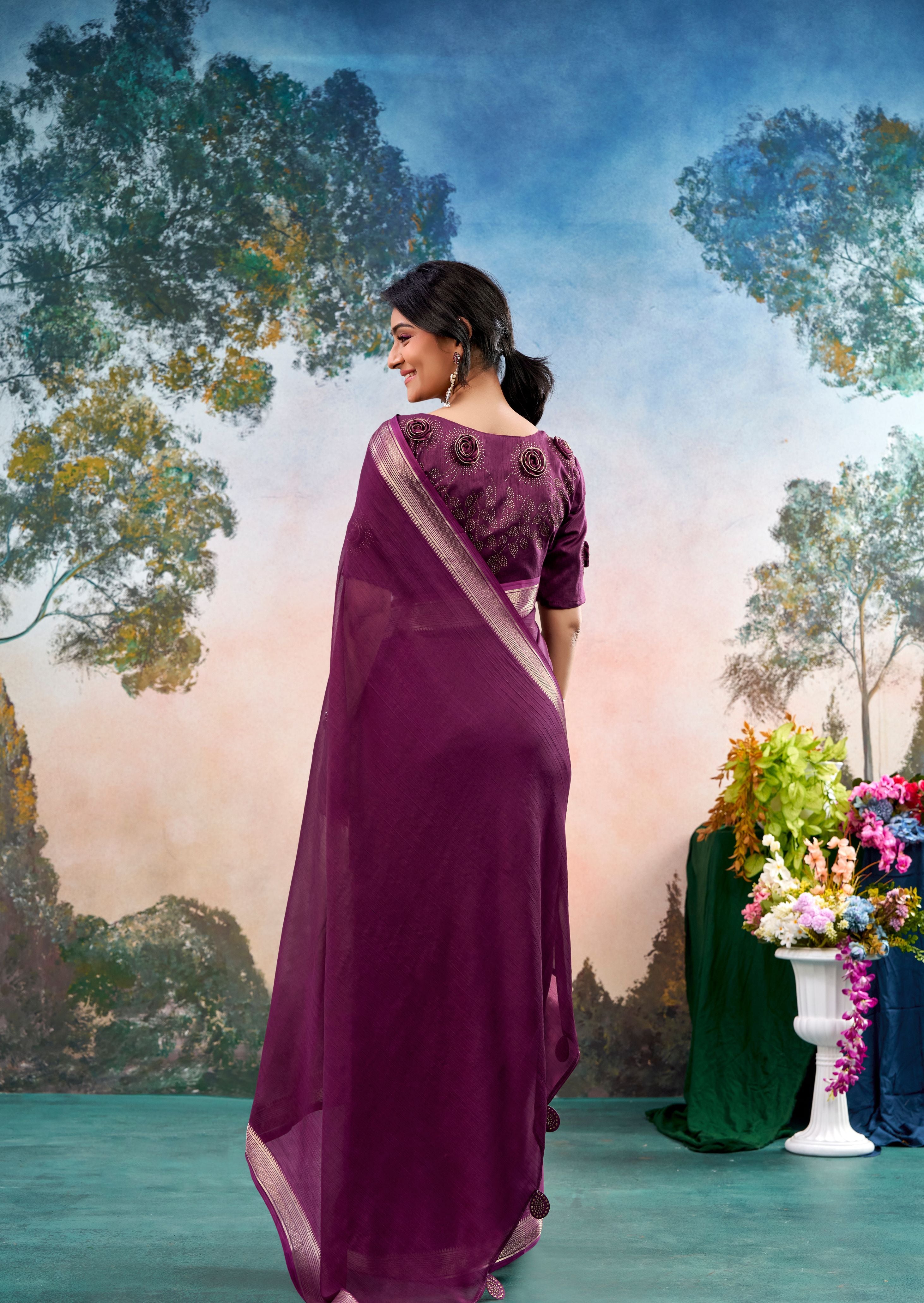 Morvane Magenta Purple Chinon Saree with Floral Design | Pranjal Premium
