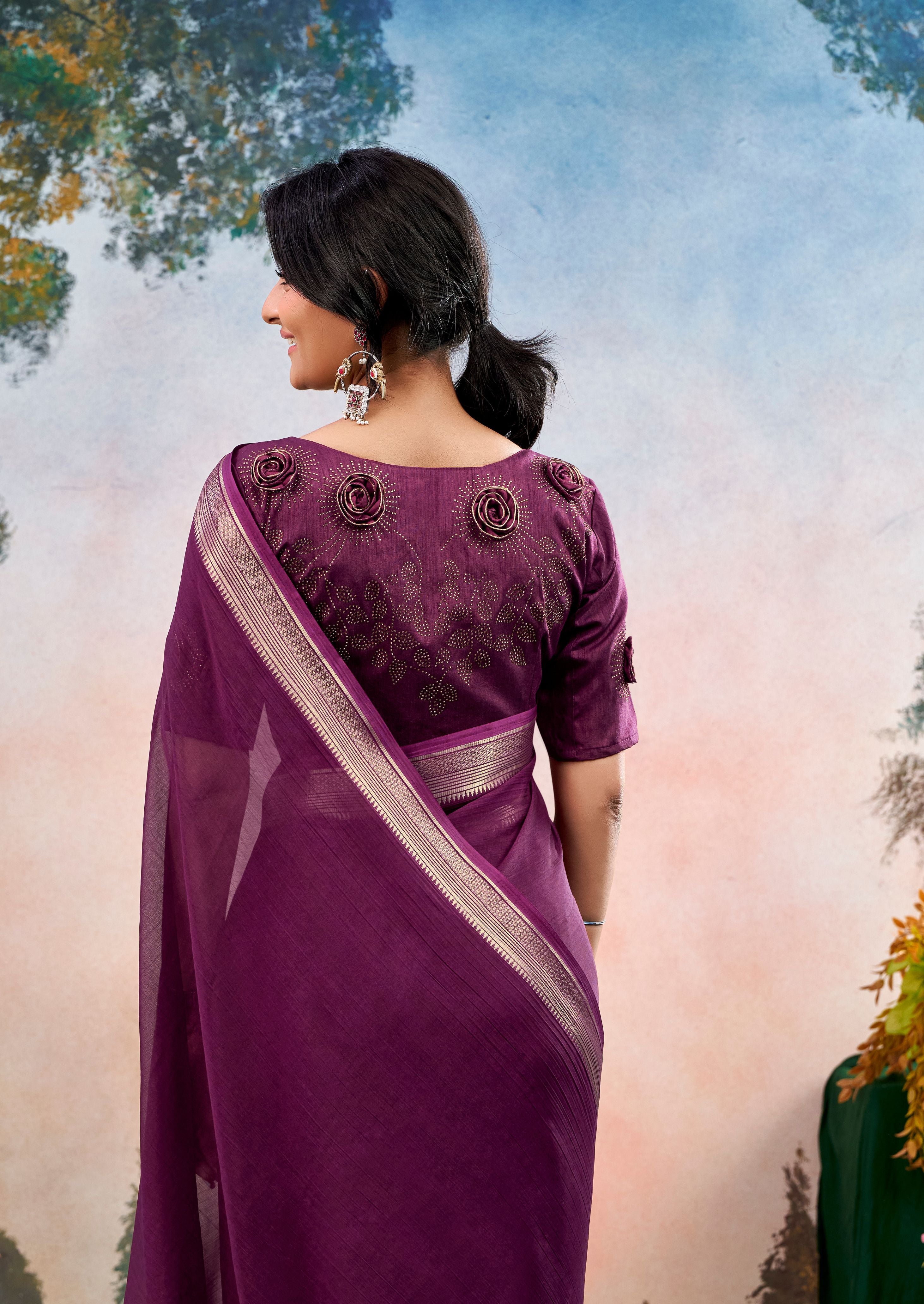 Morvane Magenta Purple Chinon Saree with Floral Design | Pranjal Premium