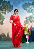 Delvane Red Chinon Saree with Floral Design | Janki Blue | Pranjal Premium