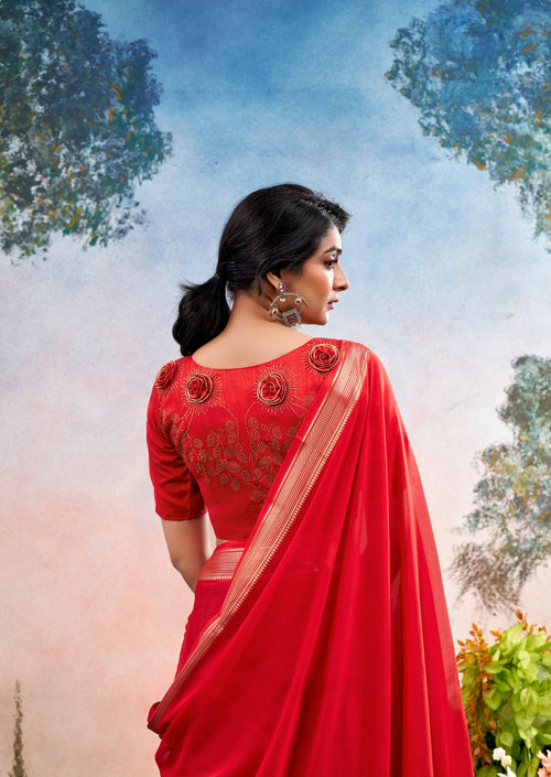 Delvane Red Chinon Saree with Floral Design | Janki Blue | Pranjal Premium