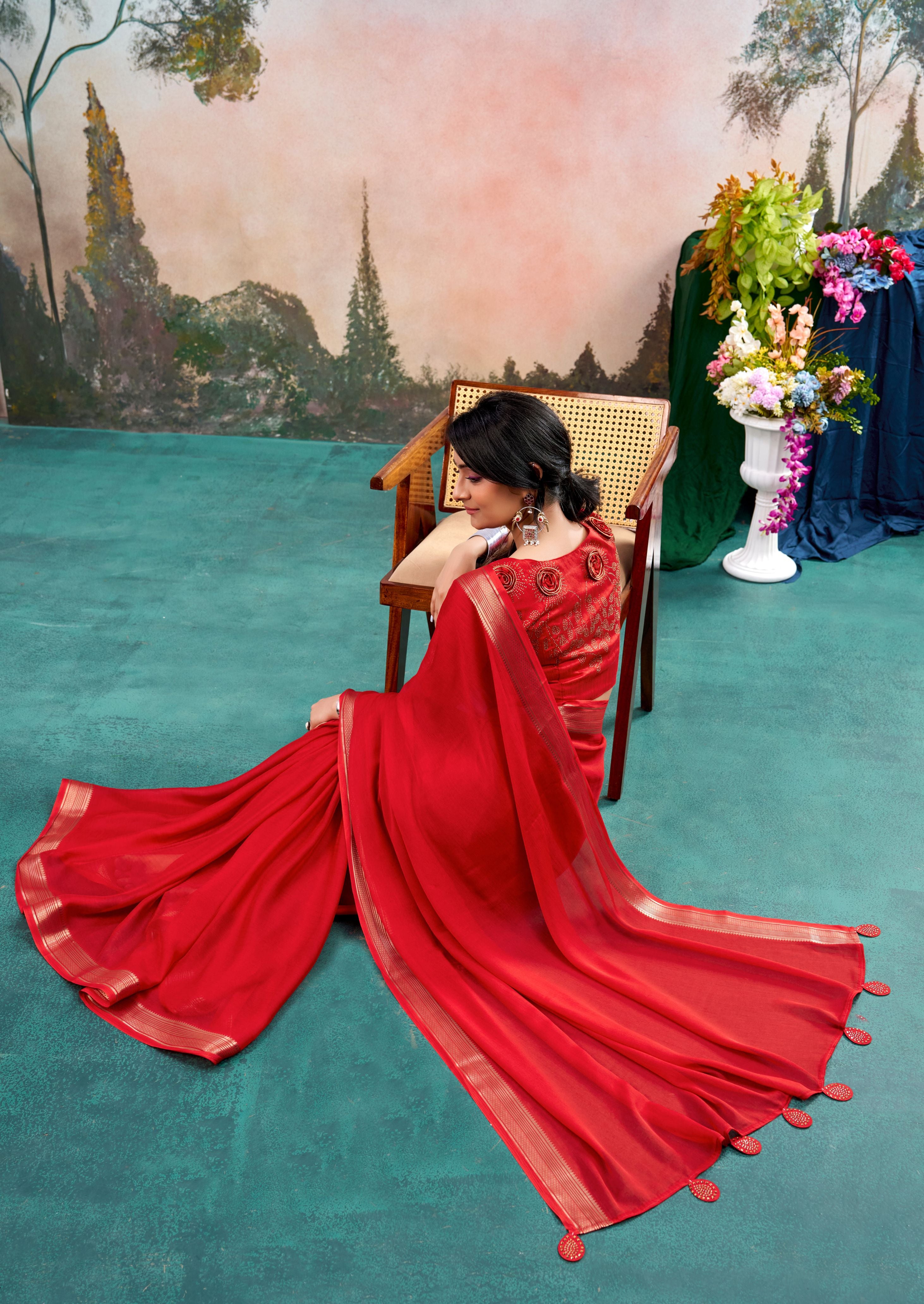 Delvane Red Chinon Saree with Floral Design | Janki Blue | Pranjal Premium