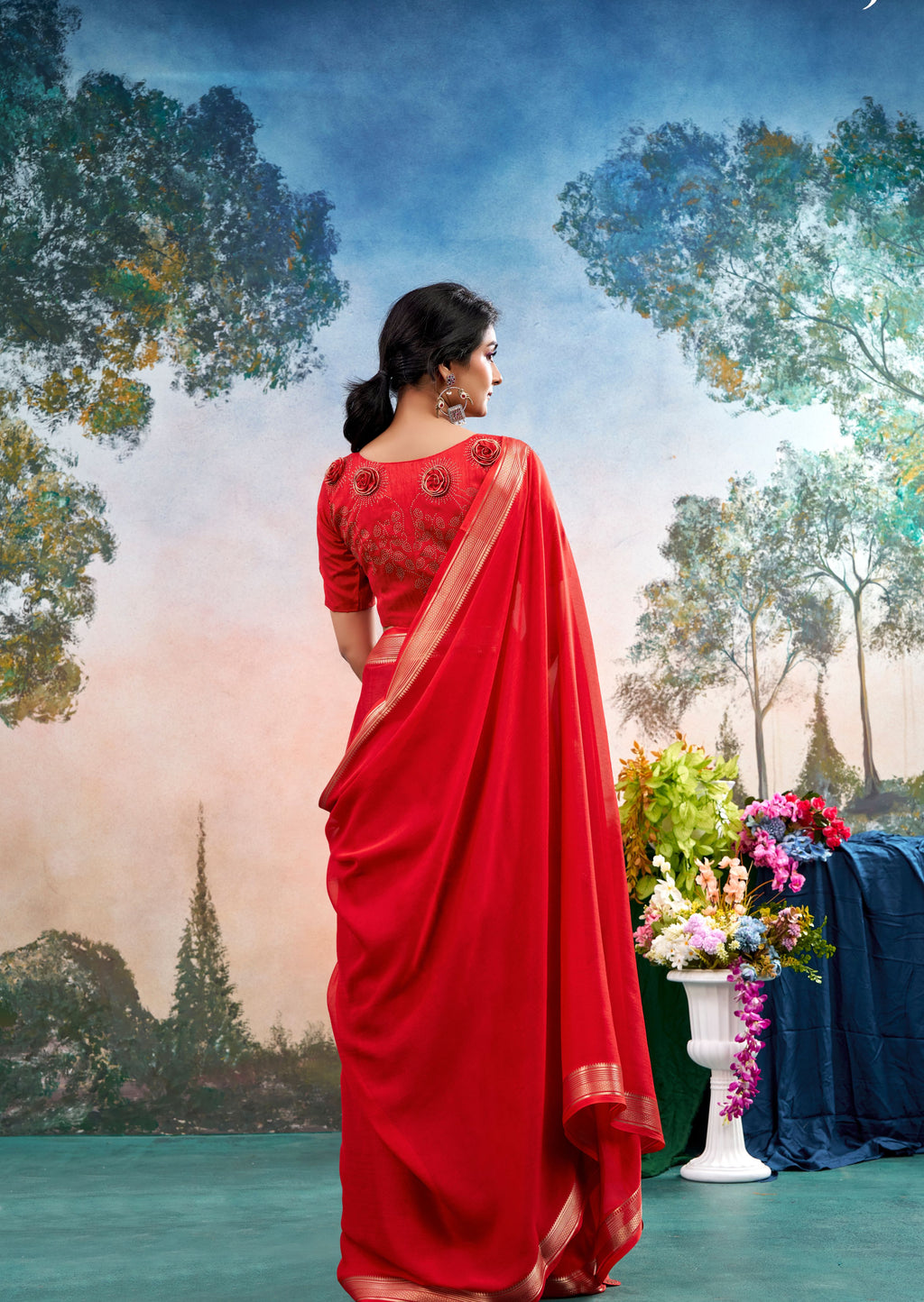 Delvane Red Chinon Saree with Floral Design | Janki Blue | Pranjal Premium