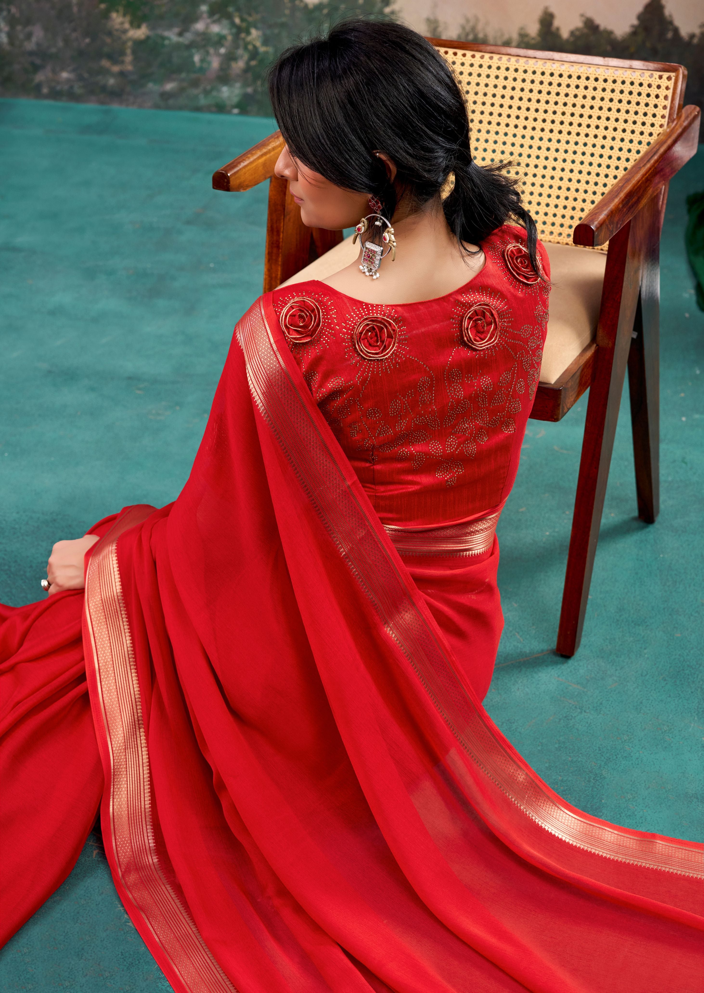 Delvane Red Chinon Saree with Floral Design | Janki Blue | Pranjal Premium