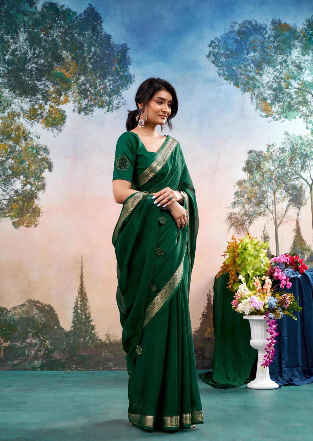 Zivara Green Chinon Saree with Floral Design | Janki Blue | Pranjal Premium