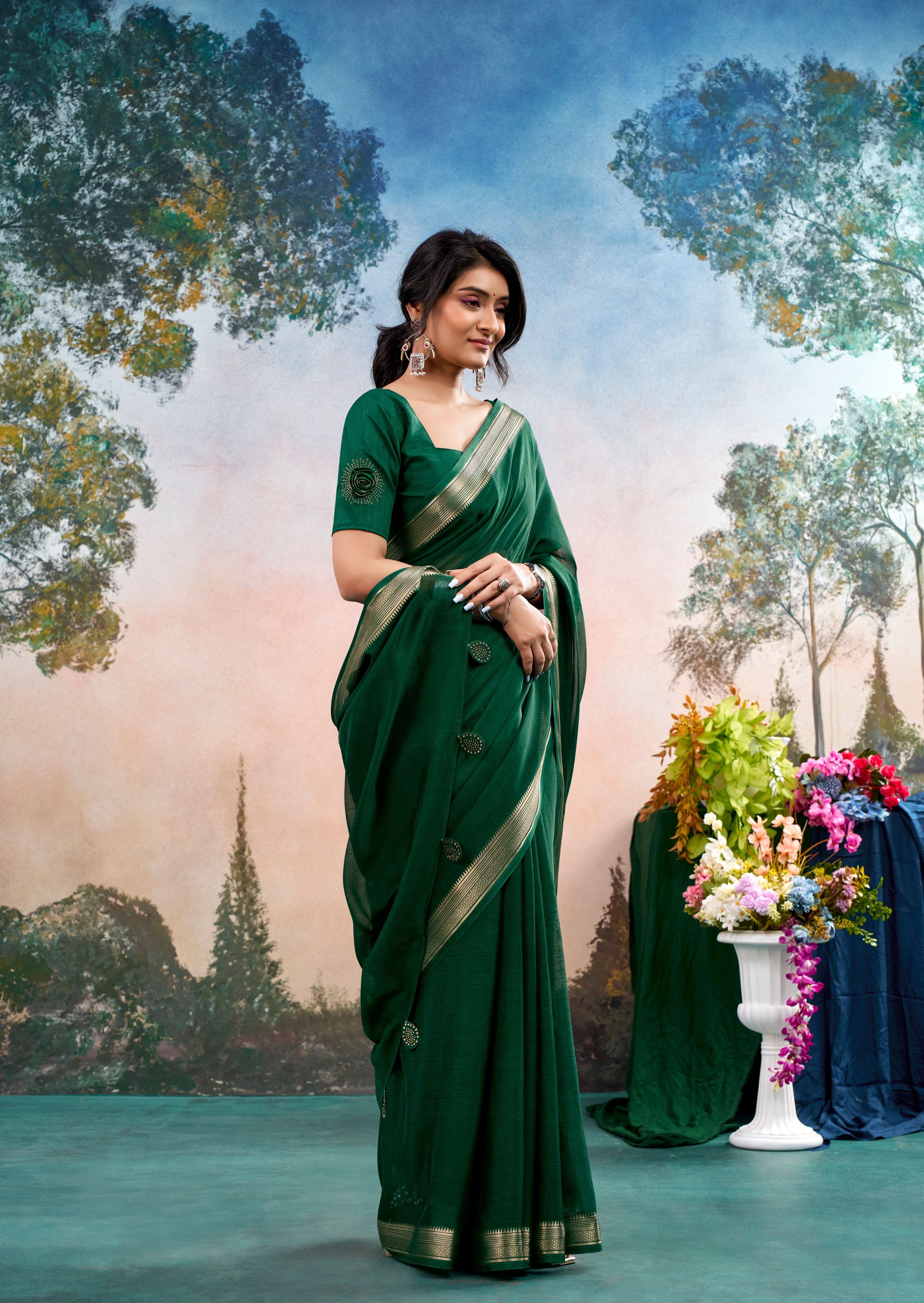 Zivara Green Chinon Saree with Floral Design | Janki Blue | Pranjal Premium