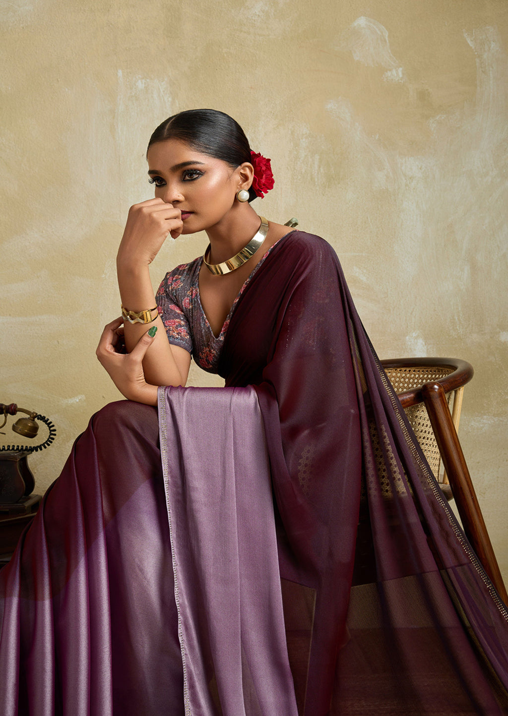 Midnight Velour Wine 3D Velvet Chiffon Saree | Swarovski & Sequence Blouse