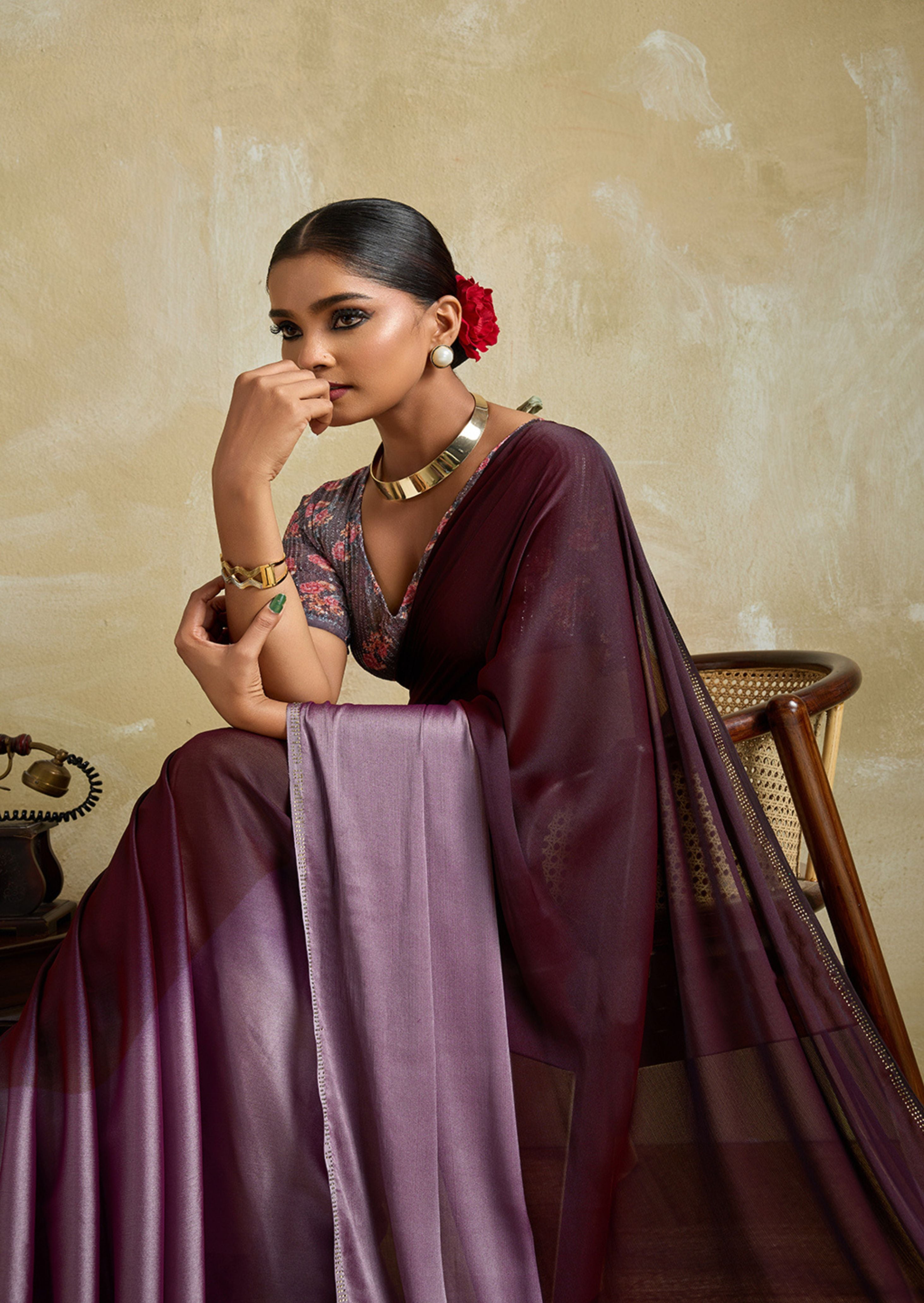 Midnight Velour Wine 3D Velvet Chiffon Saree | Swarovski & Sequence Blouse