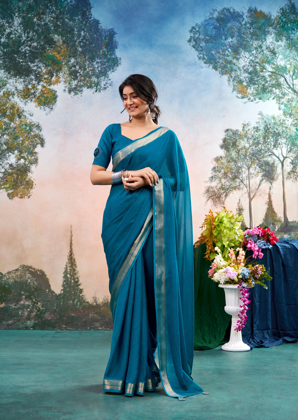 Azzura Blue Chinon Saree with Floral Design | Janki Blue | Pranjal Premium