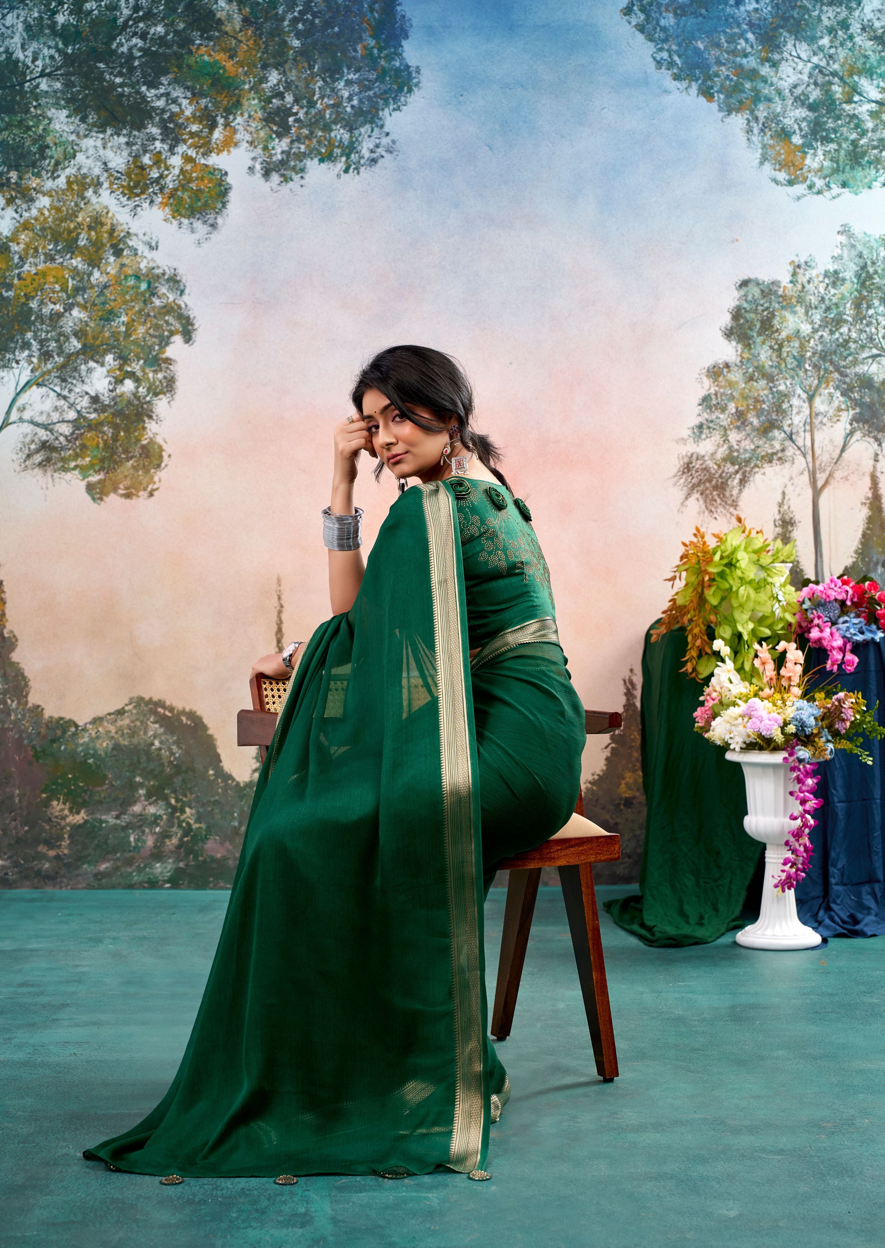 Zivara Green Chinon Saree with Floral Design | Janki Blue | Pranjal Premium