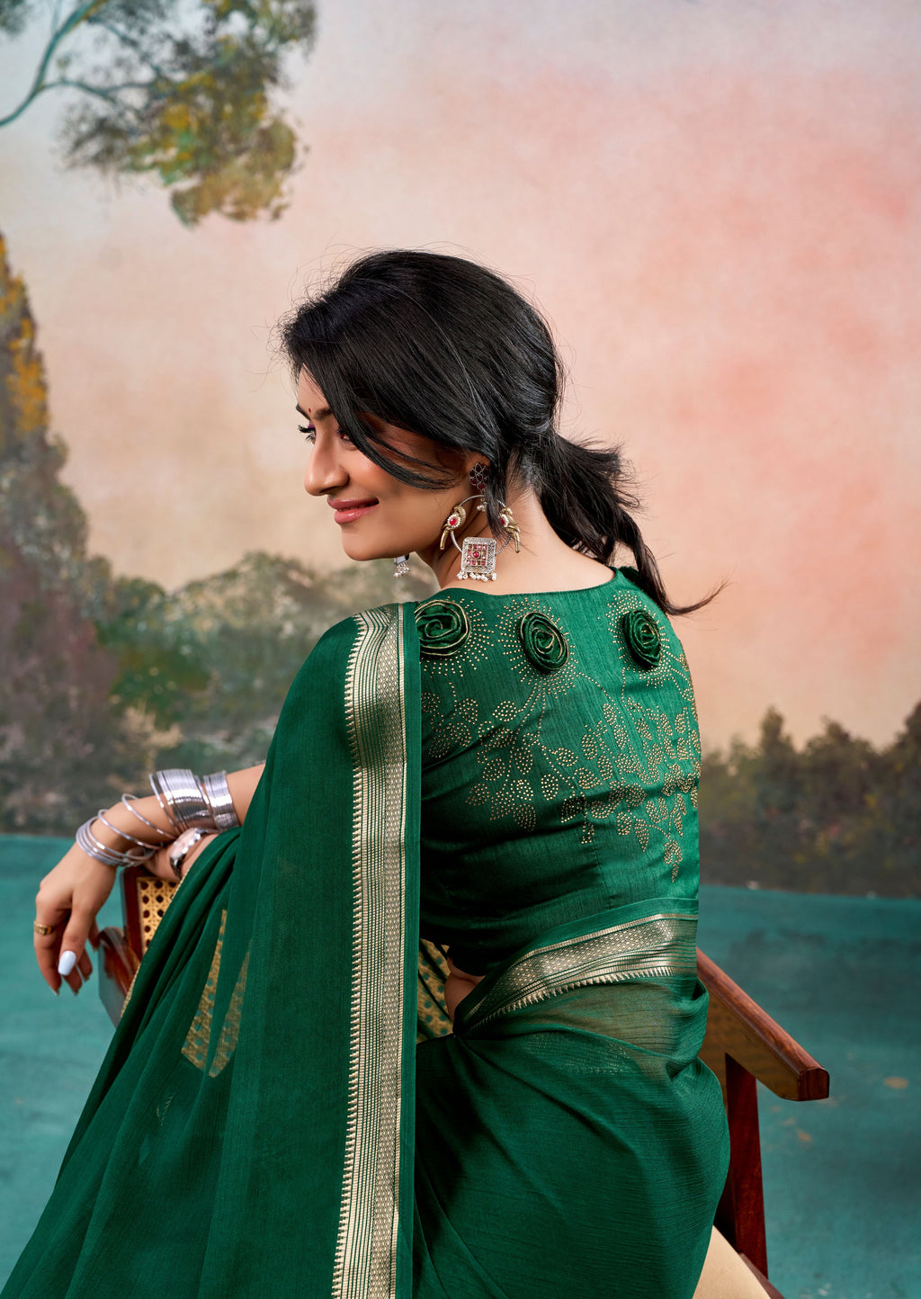 Zivara Green Chinon Saree with Floral Design | Janki Blue | Pranjal Premium