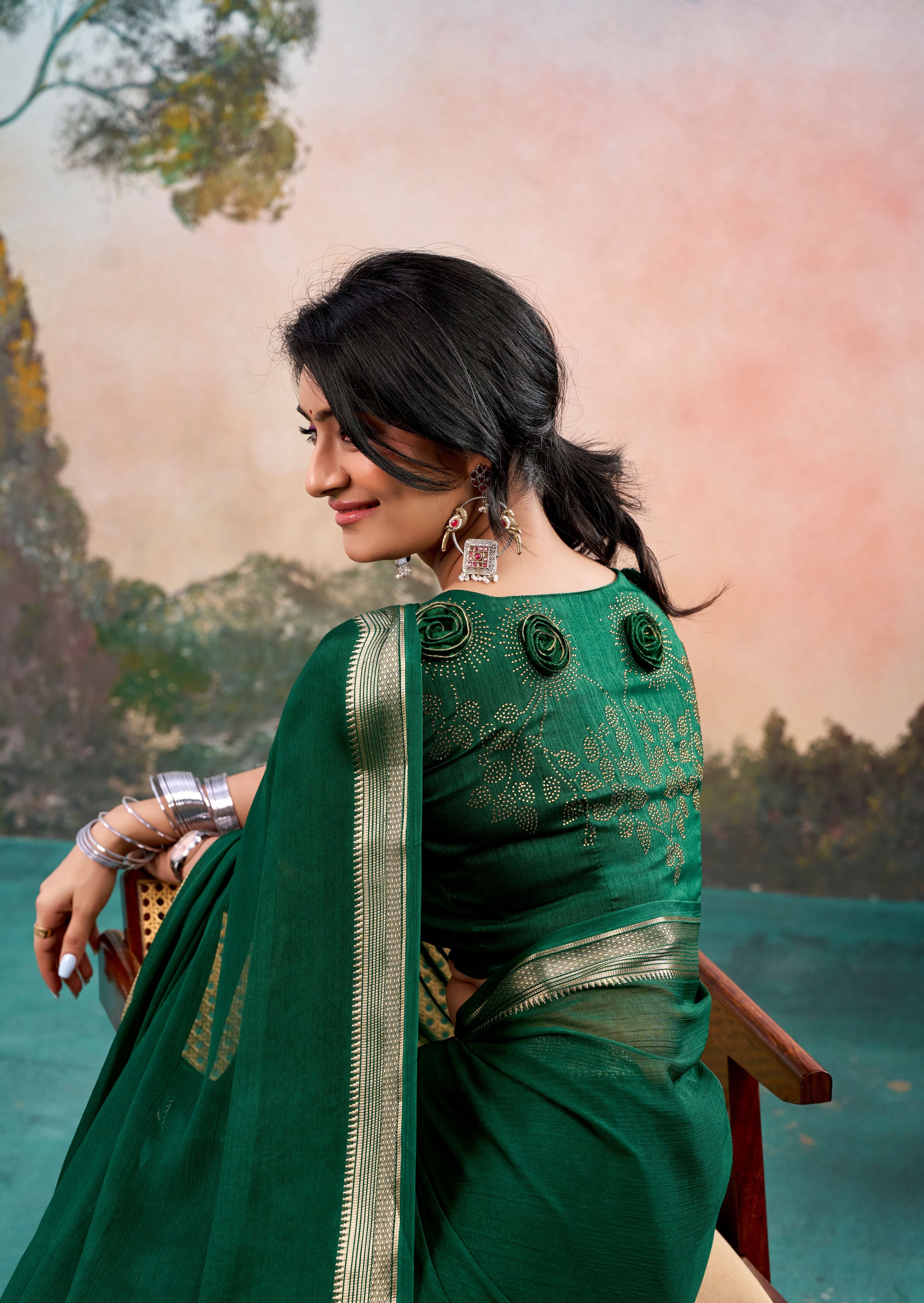 Zivara Green Chinon Saree with Floral Design | Janki Blue | Pranjal Premium