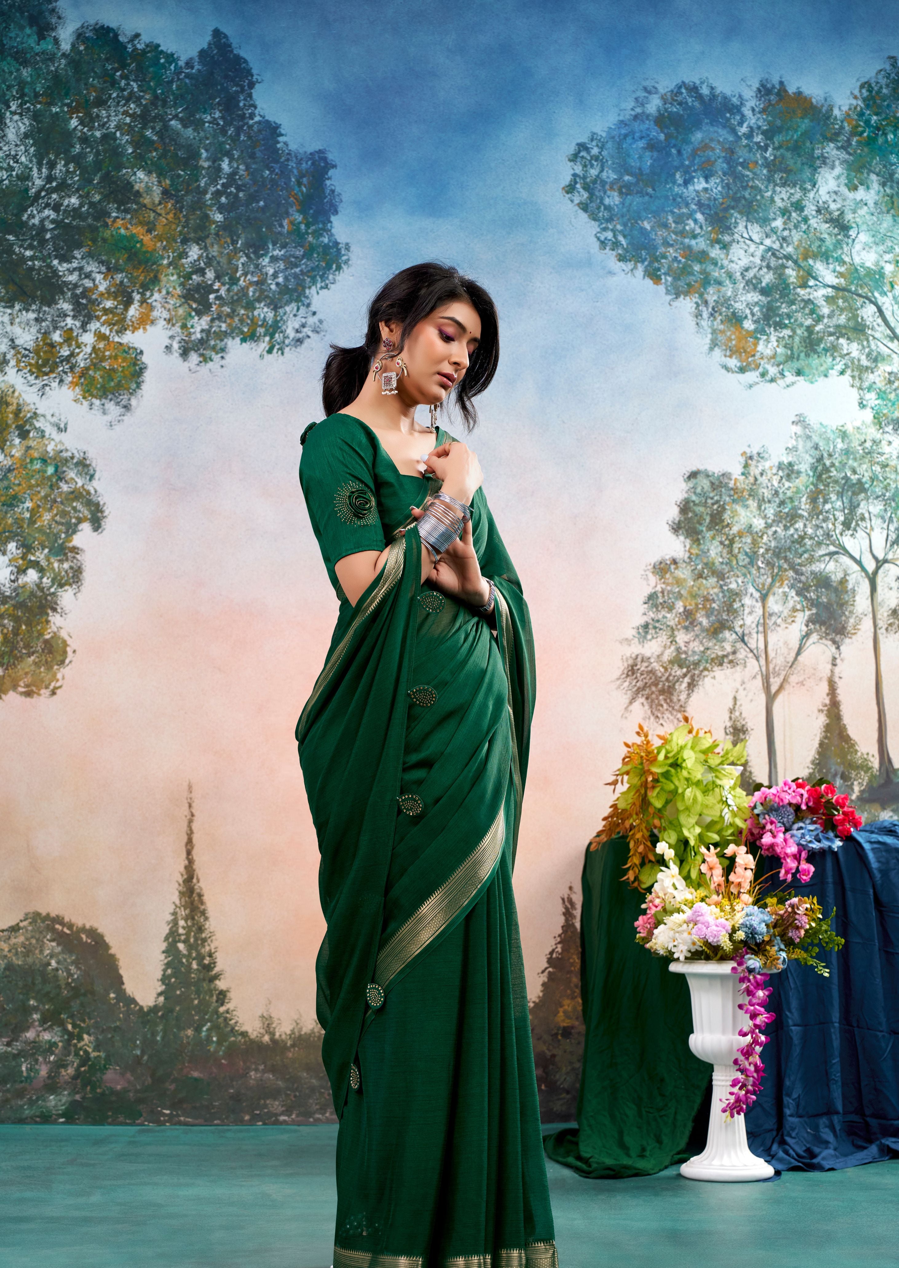 Zivara Green Chinon Saree with Floral Design | Janki Blue | Pranjal Premium