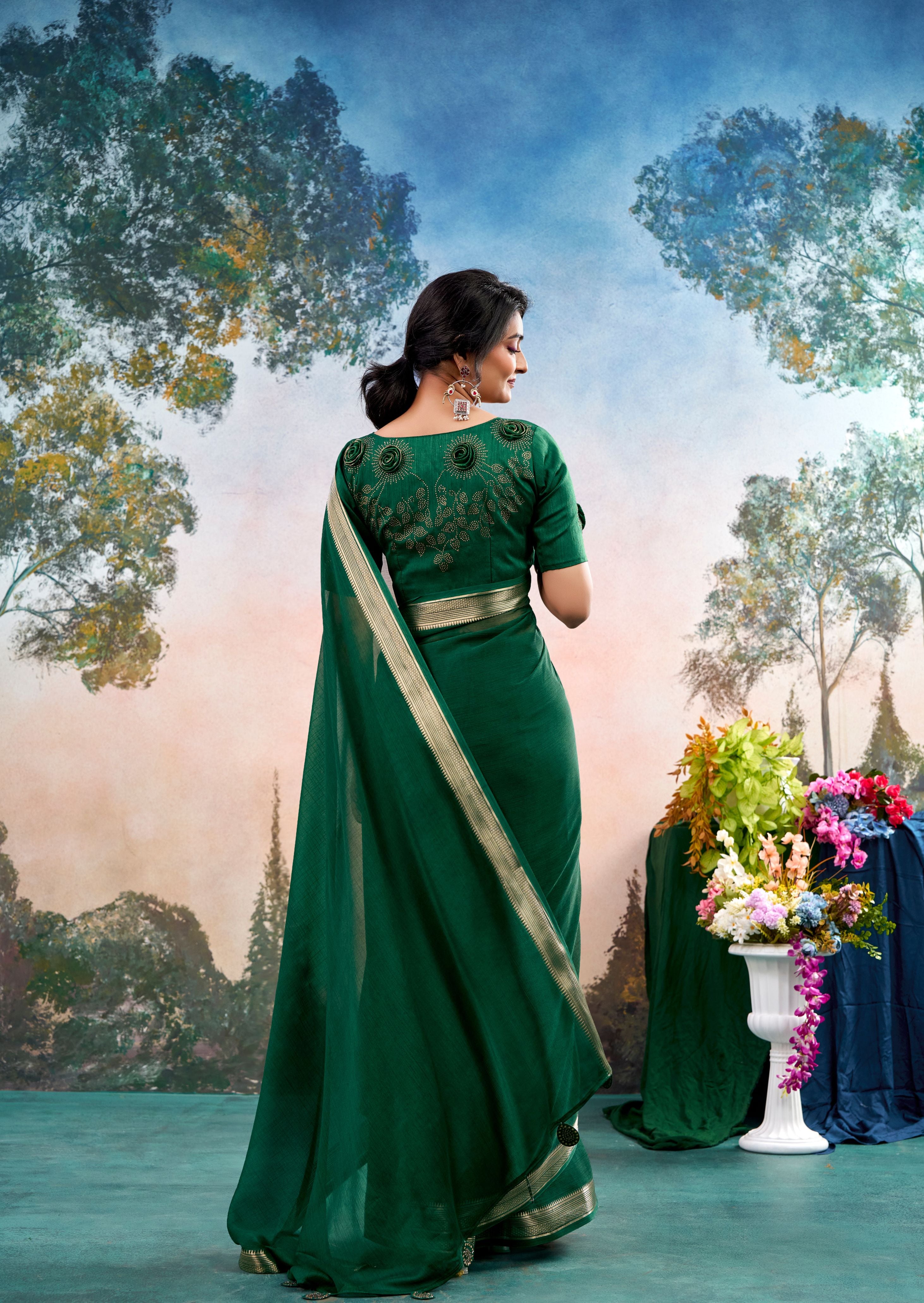 Zivara Green Chinon Saree with Floral Design | Janki Blue | Pranjal Premium