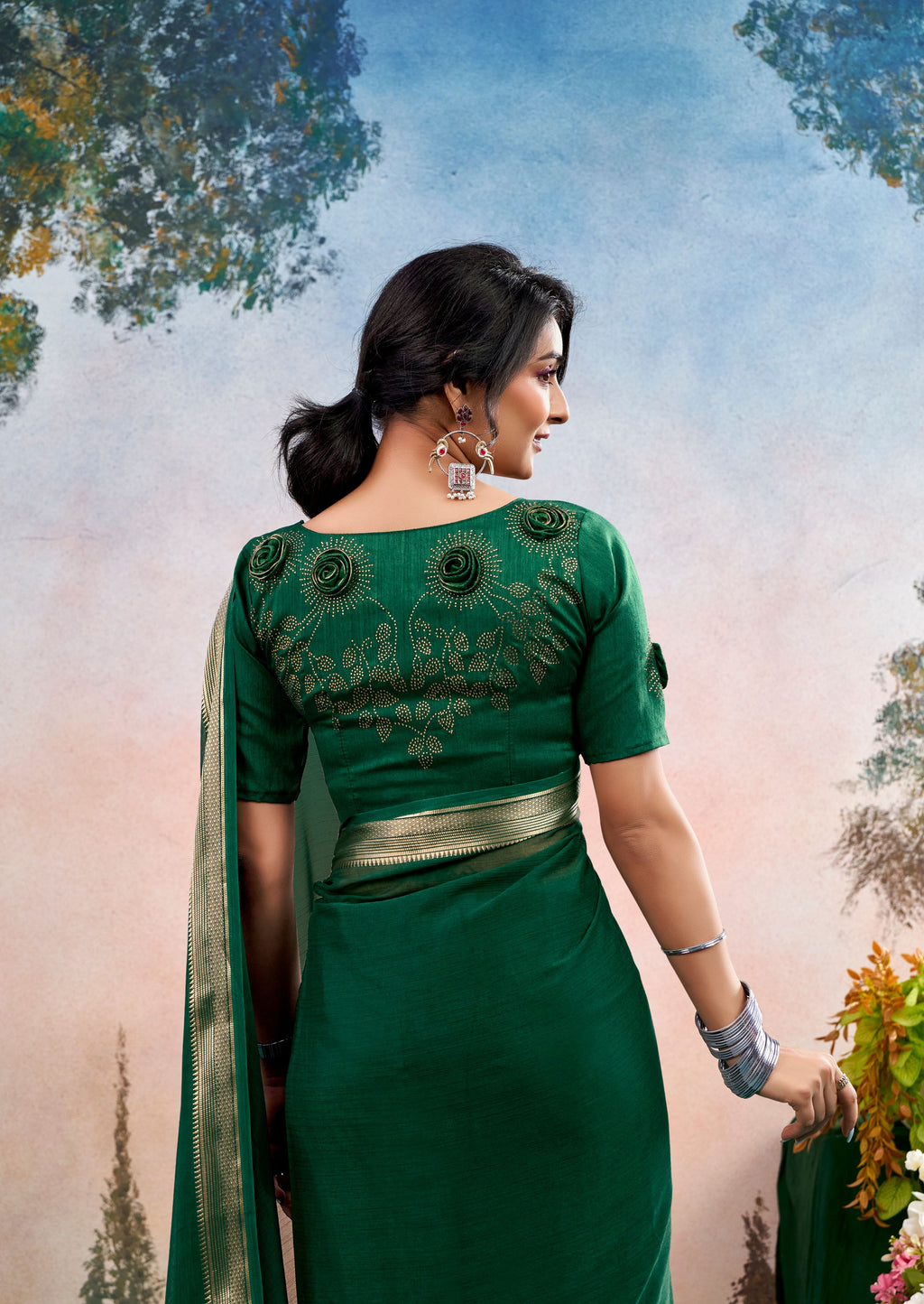 Zivara Green Chinon Saree with Floral Design | Janki Blue | Pranjal Premium