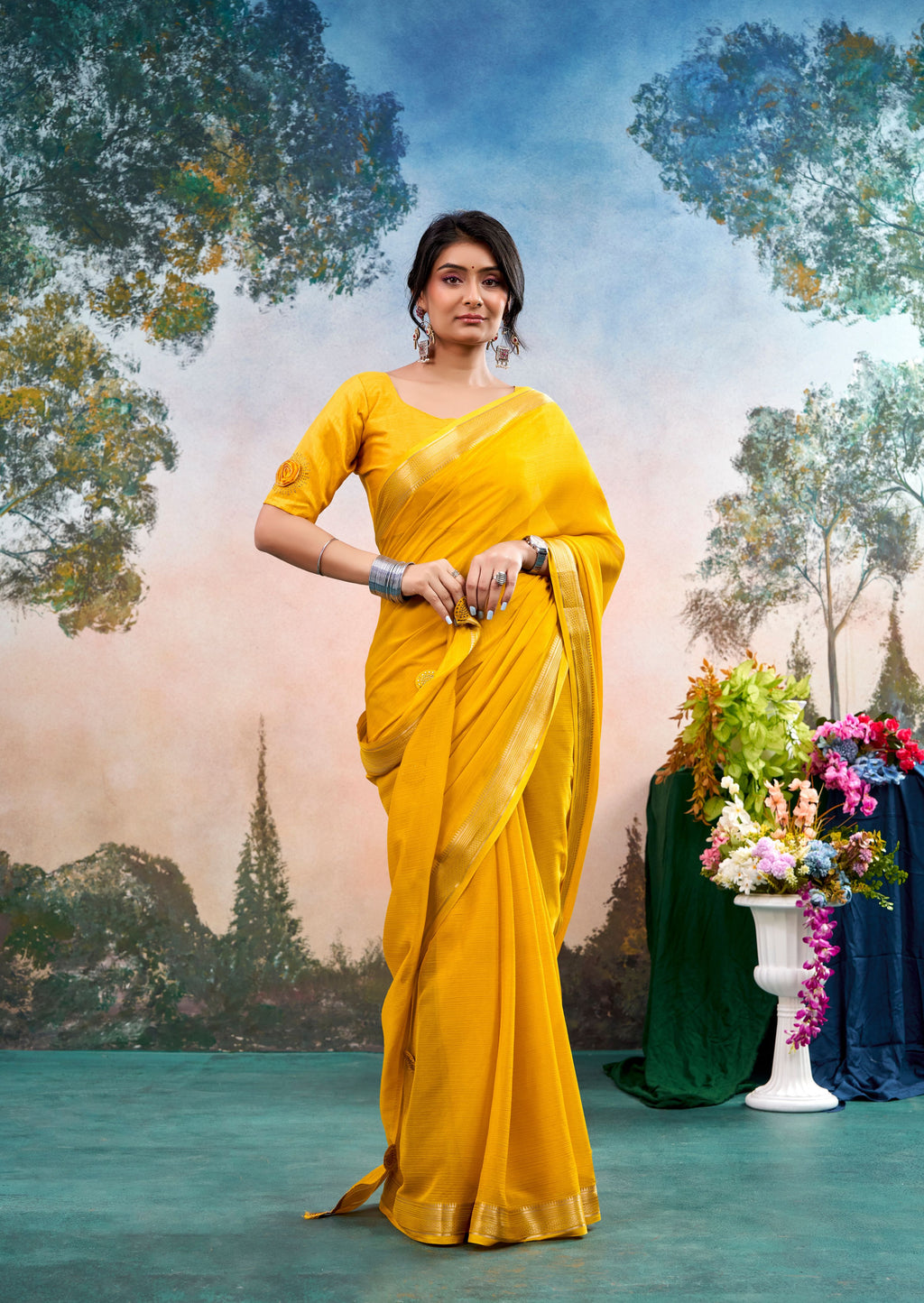 Lumira Yellow Chinon Saree with Floral Design | Janki Blue | Pranjal Premium