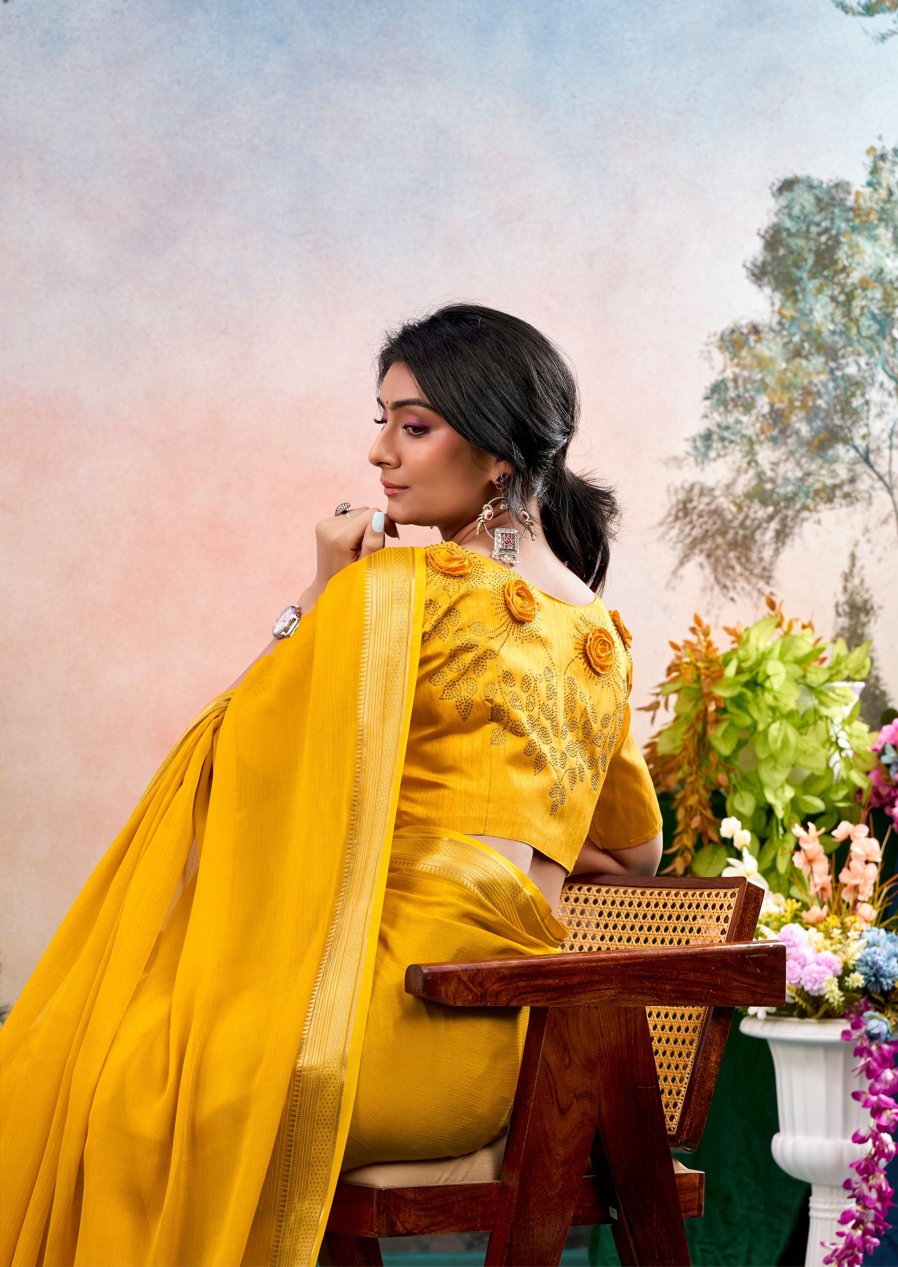 Lumira Yellow Chinon Saree with Floral Design | Janki Blue | Pranjal Premium