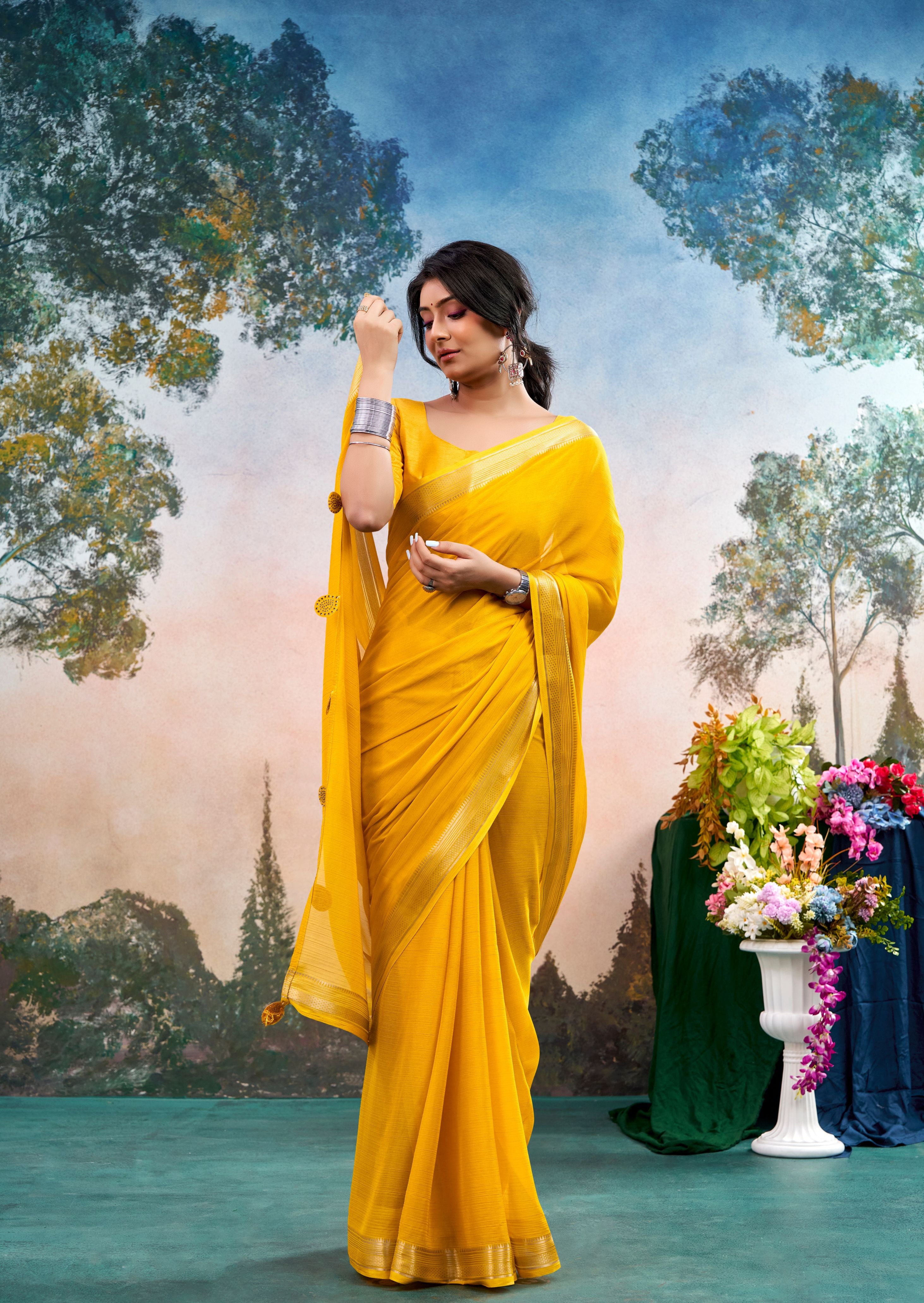 Lumira Yellow Chinon Saree with Floral Design | Janki Blue | Pranjal Premium
