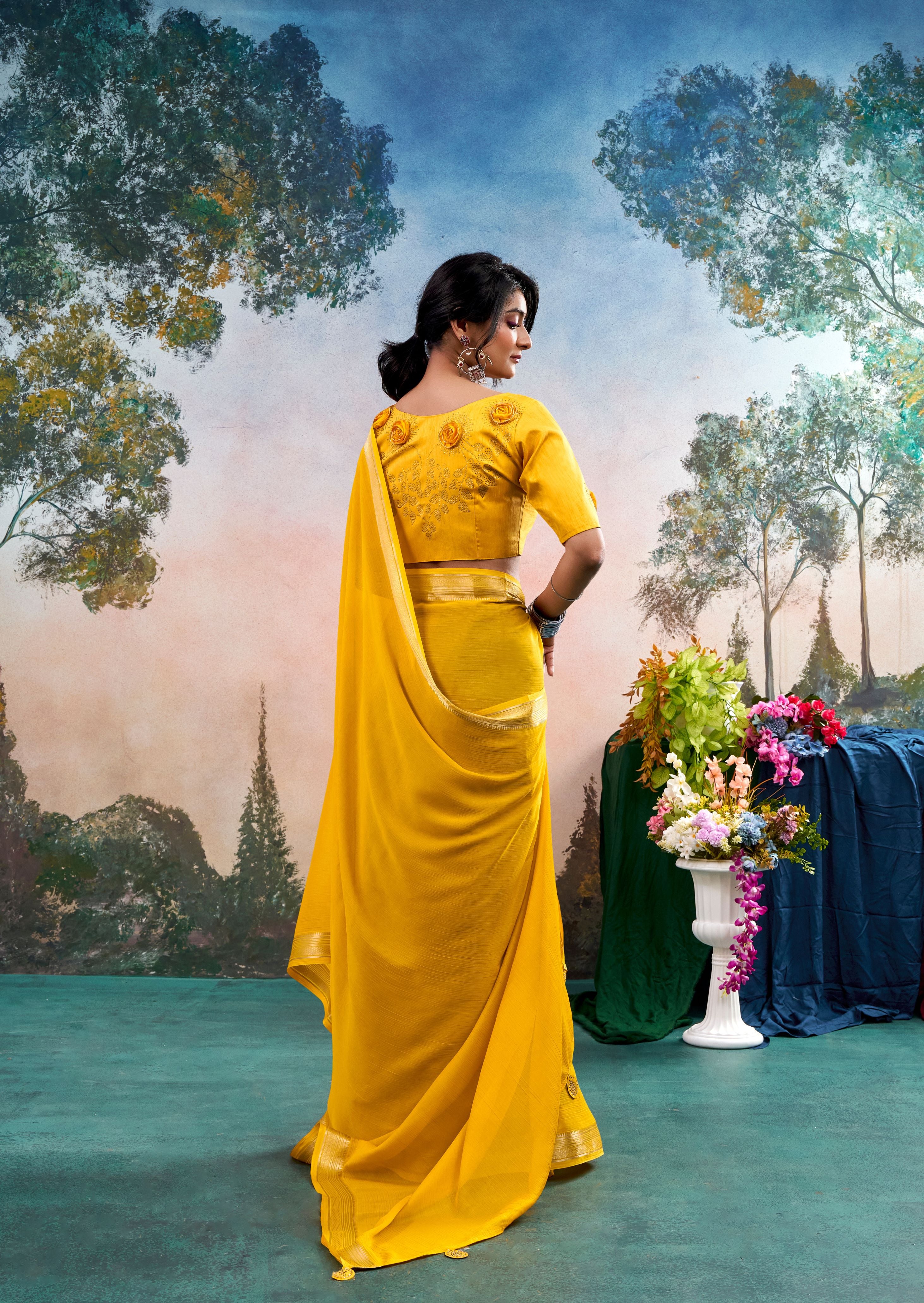 Lumira Yellow Chinon Saree with Floral Design | Janki Blue | Pranjal Premium