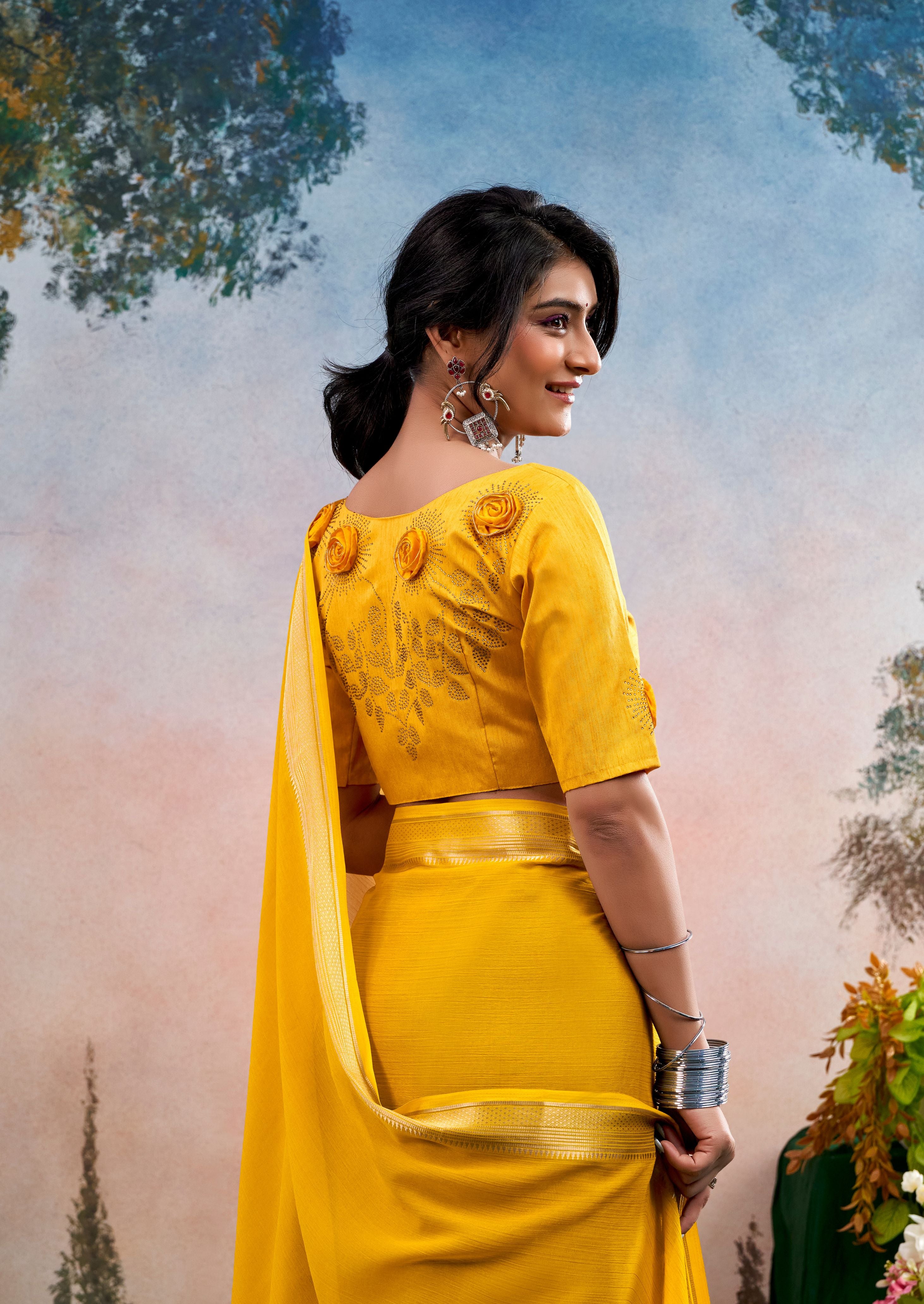 Lumira Yellow Chinon Saree with Floral Design | Janki Blue | Pranjal Premium