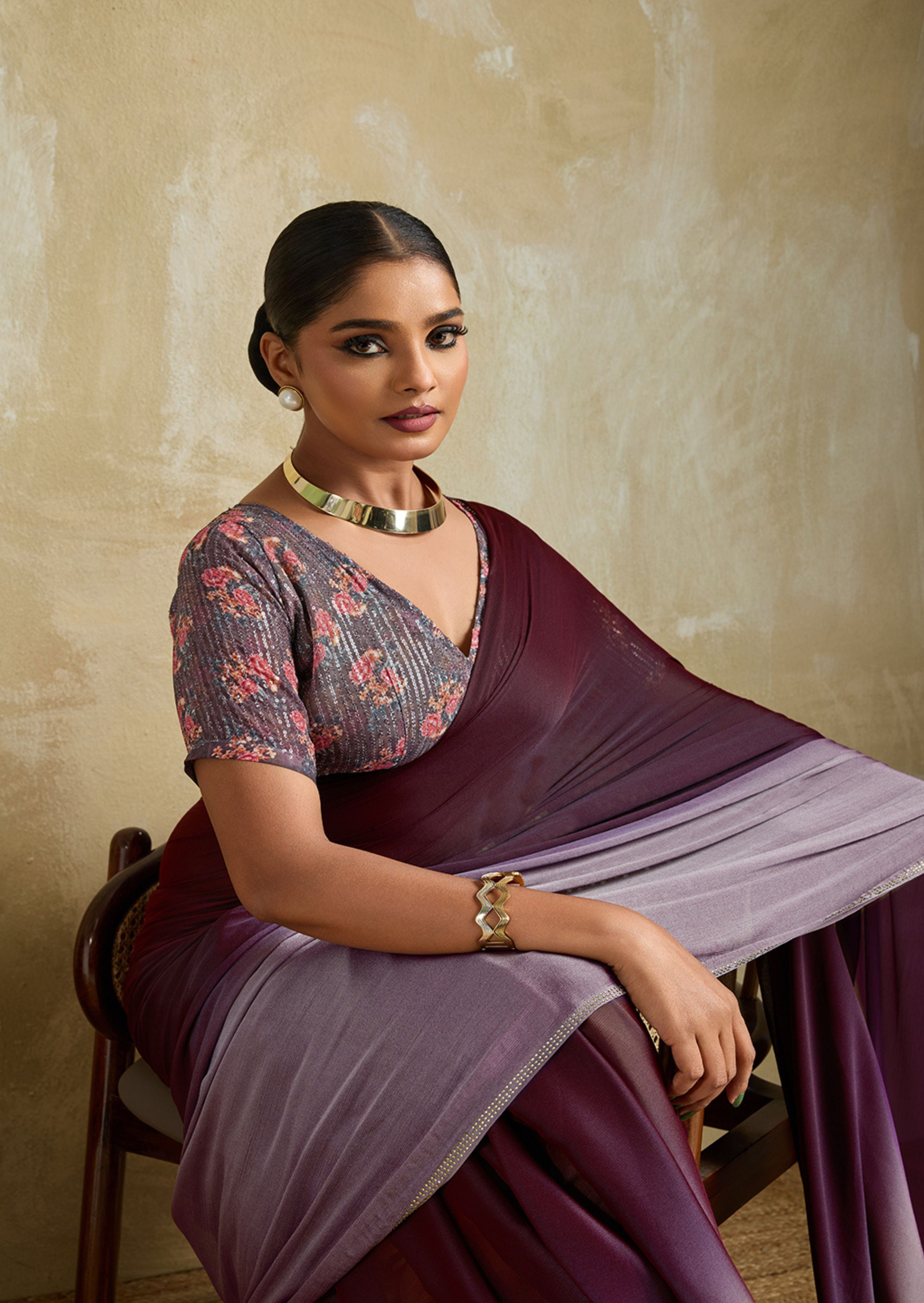 Midnight Velour Wine 3D Velvet Chiffon Saree | Swarovski & Sequence Blouse