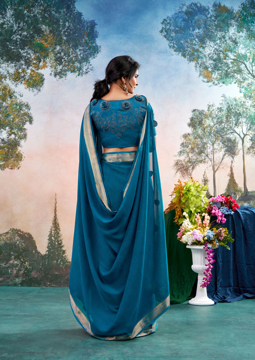 Azzura Blue Chinon Saree with Floral Design | Janki Blue | Pranjal Premium