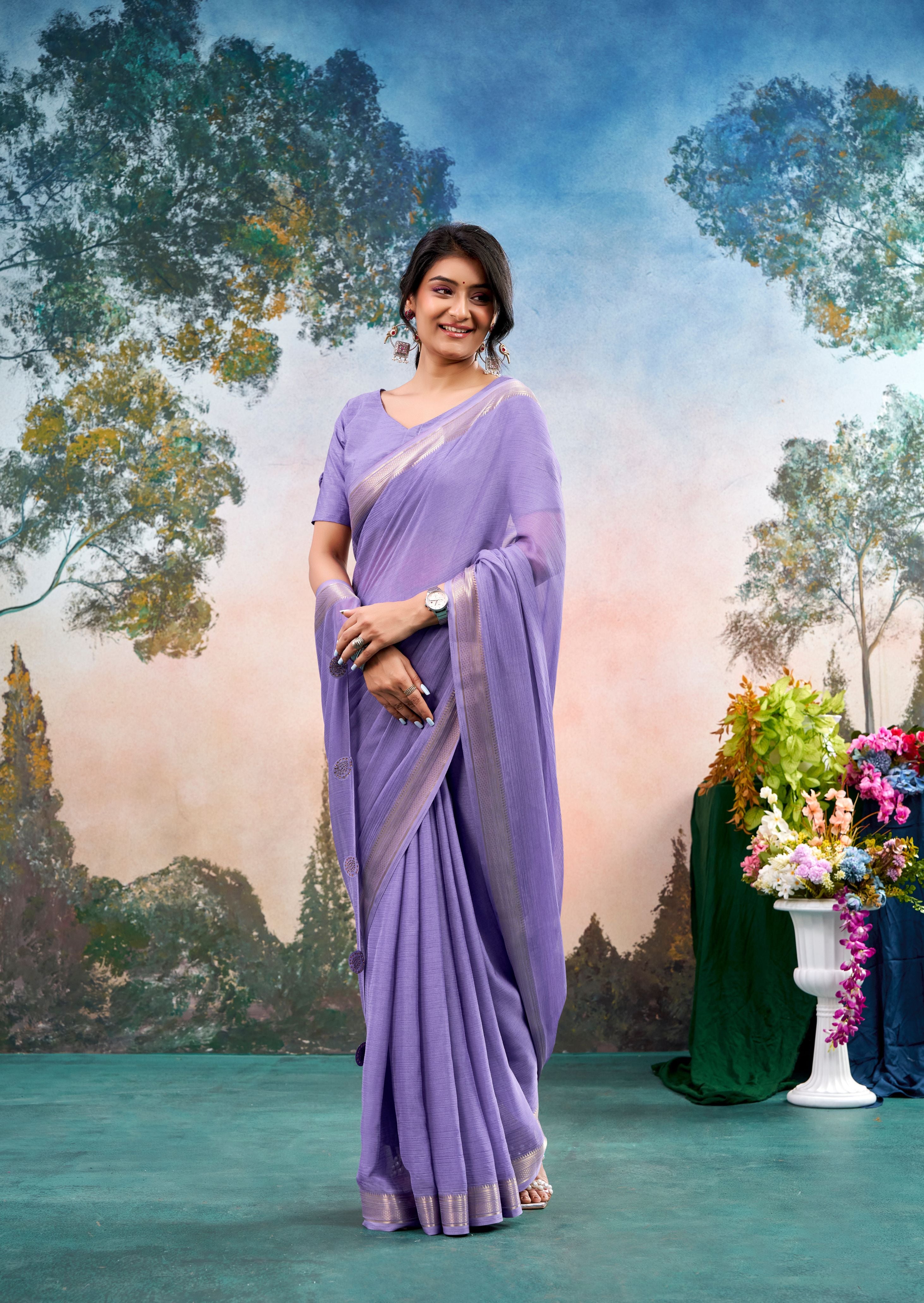 Elowen Lavender Chinon Saree with Floral Design | Janki Blue | Pranjal Premium