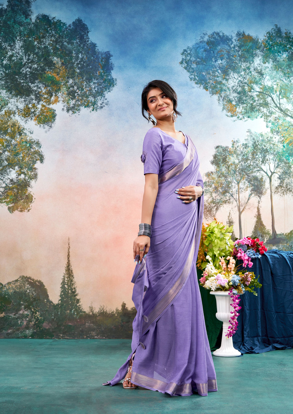 Elowen Lavender Chinon Saree with Floral Design | Janki Blue | Pranjal Premium