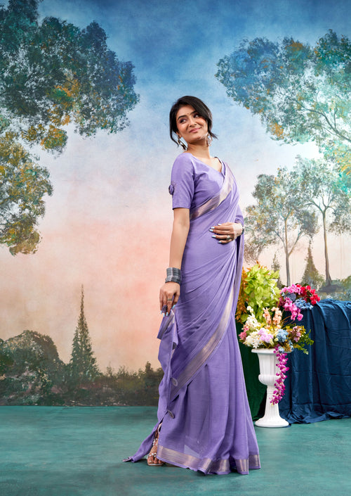 Elowen Lavender Chinon Saree with Floral Design | Janki Blue | Pranjal Premium