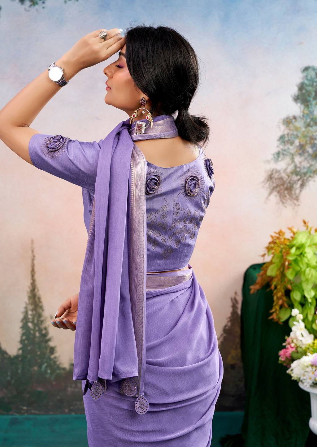 Elowen Lavender Chinon Saree with Floral Design | Janki Blue | Pranjal Premium