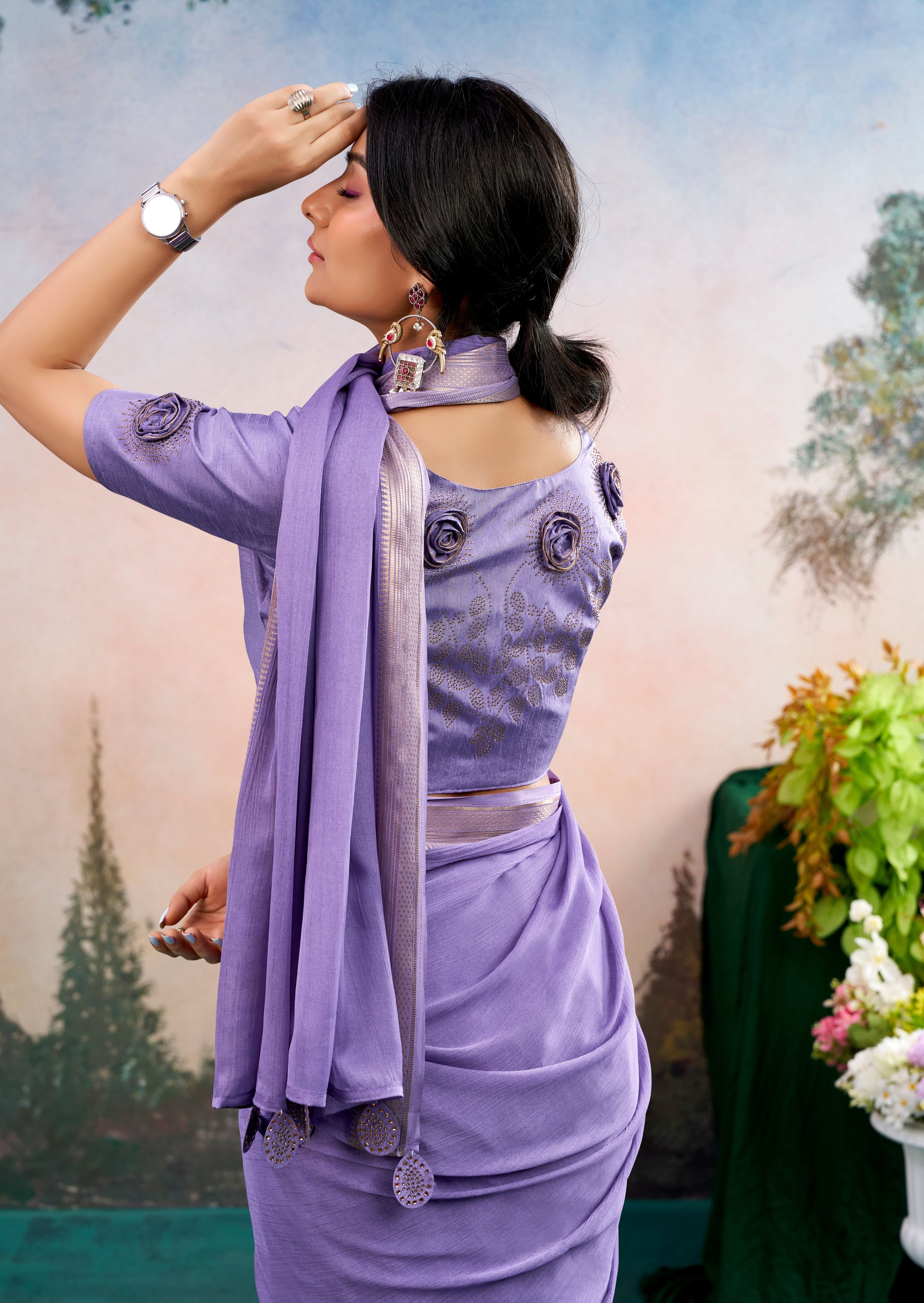Elowen Lavender Chinon Saree with Floral Design | Janki Blue | Pranjal Premium