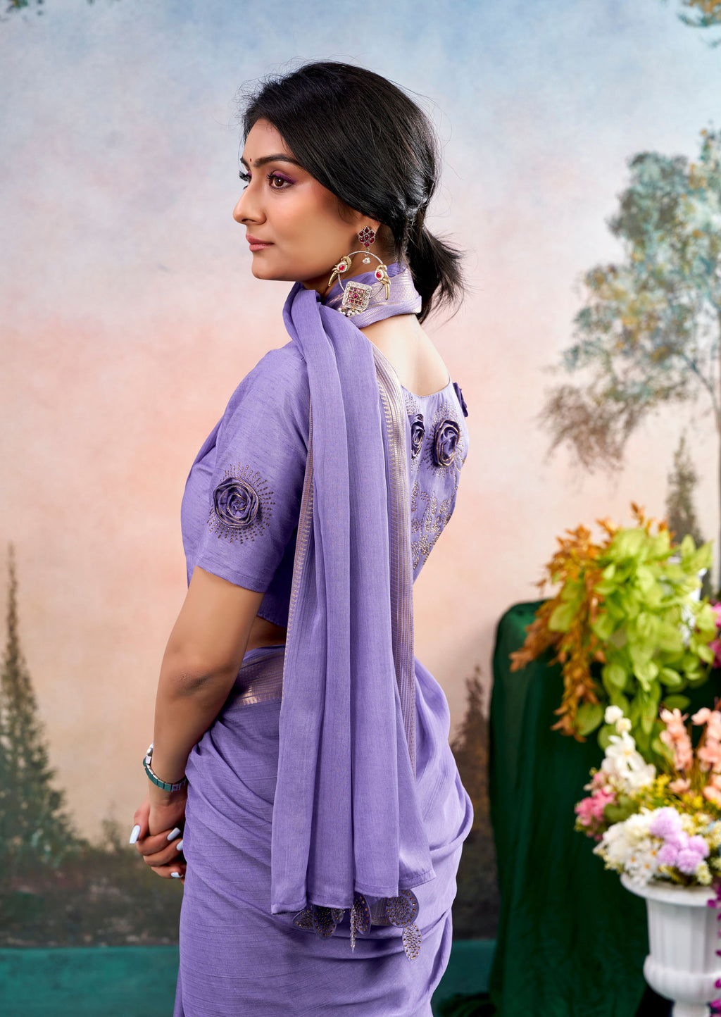 Elowen Lavender Chinon Saree with Floral Design | Janki Blue | Pranjal Premium