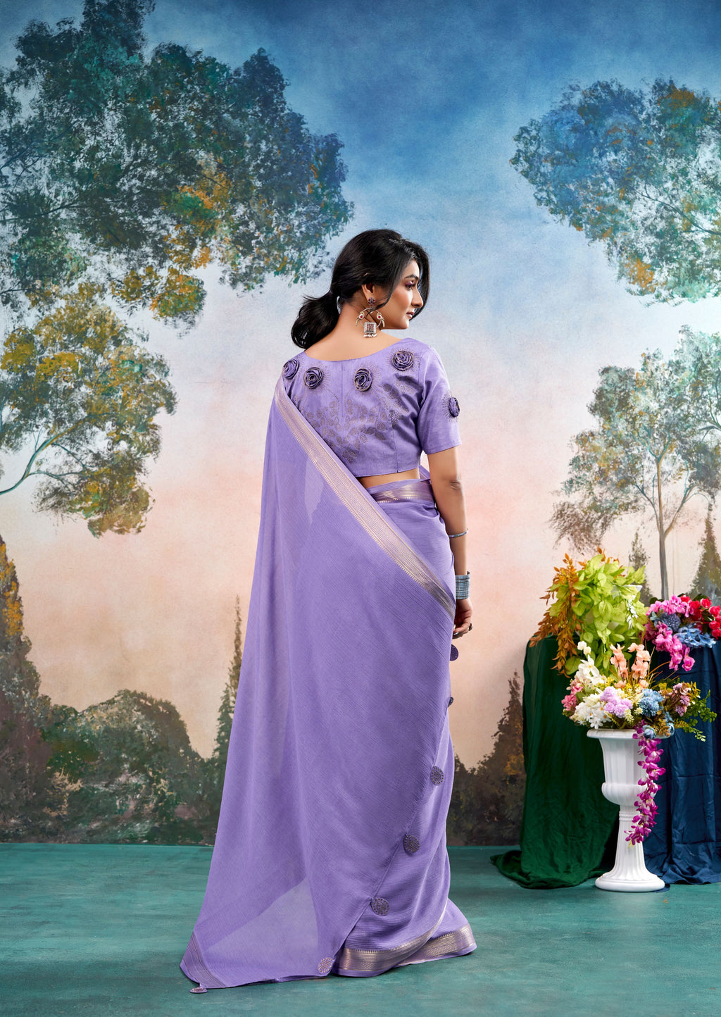 Elowen Lavender Chinon Saree with Floral Design | Janki Blue | Pranjal Premium