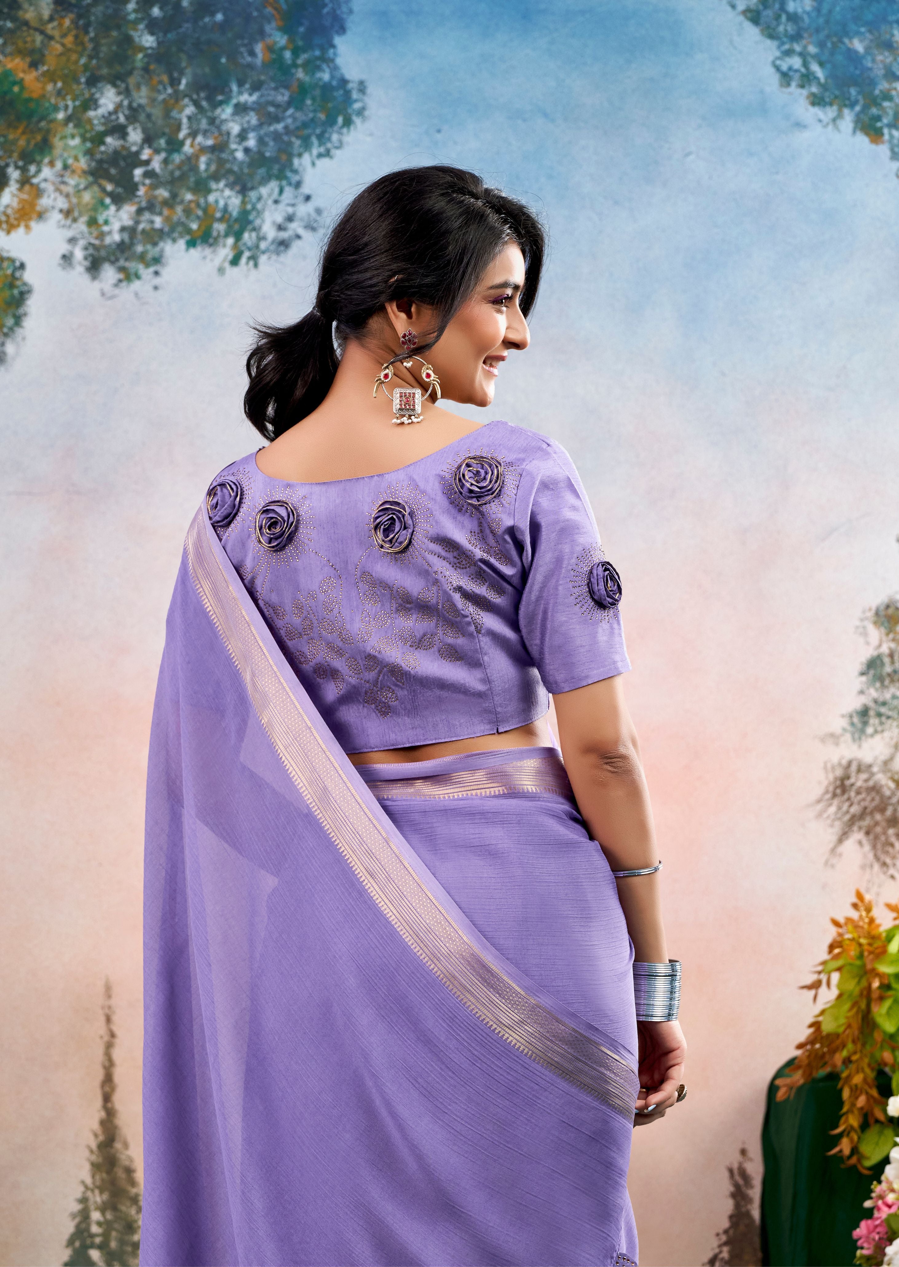 Elowen Lavender Chinon Saree with Floral Design | Janki Blue | Pranjal Premium