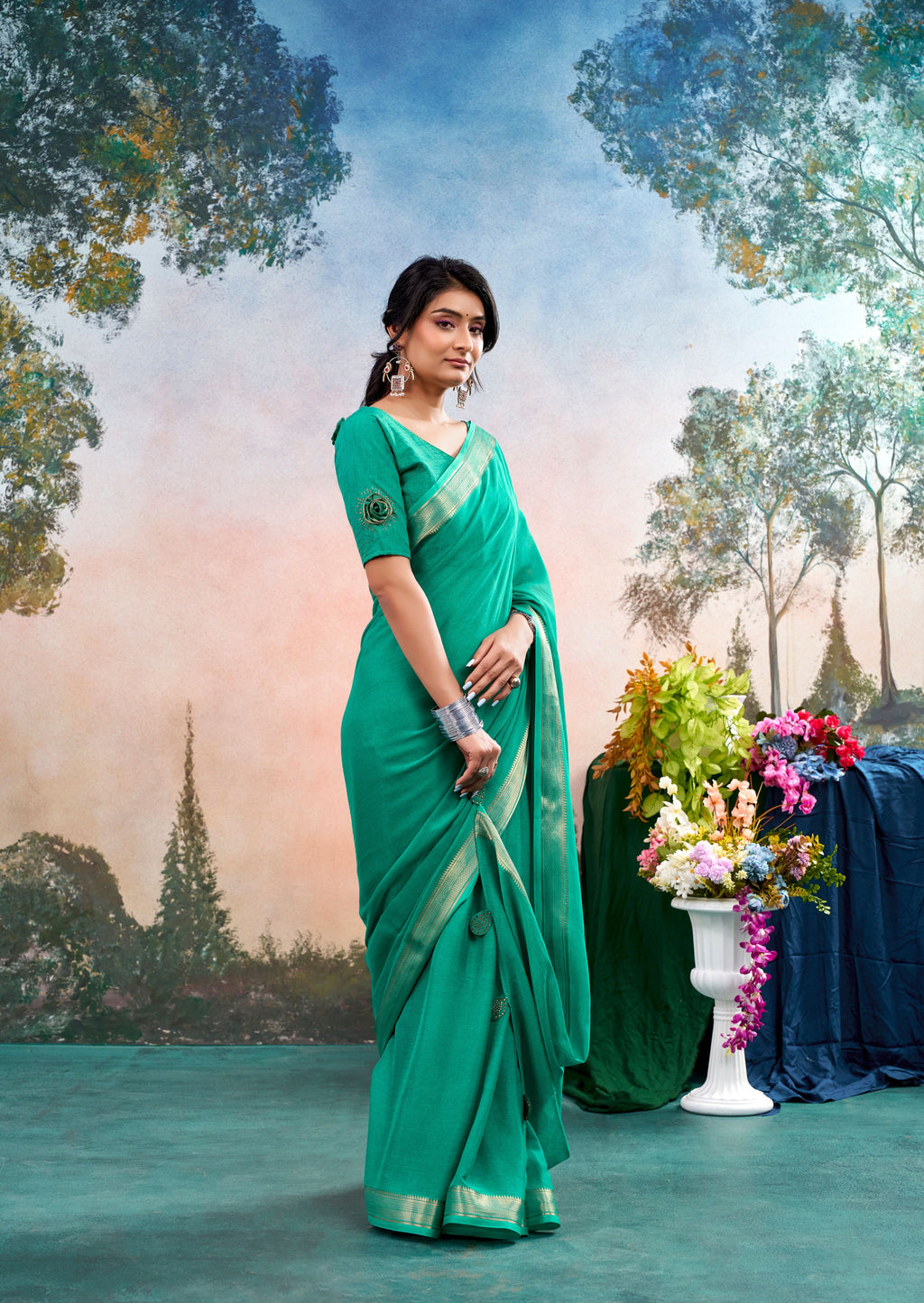 Elvion Light Green Chinon Saree with Floral Design | Janki Blue | Pranjal Premium