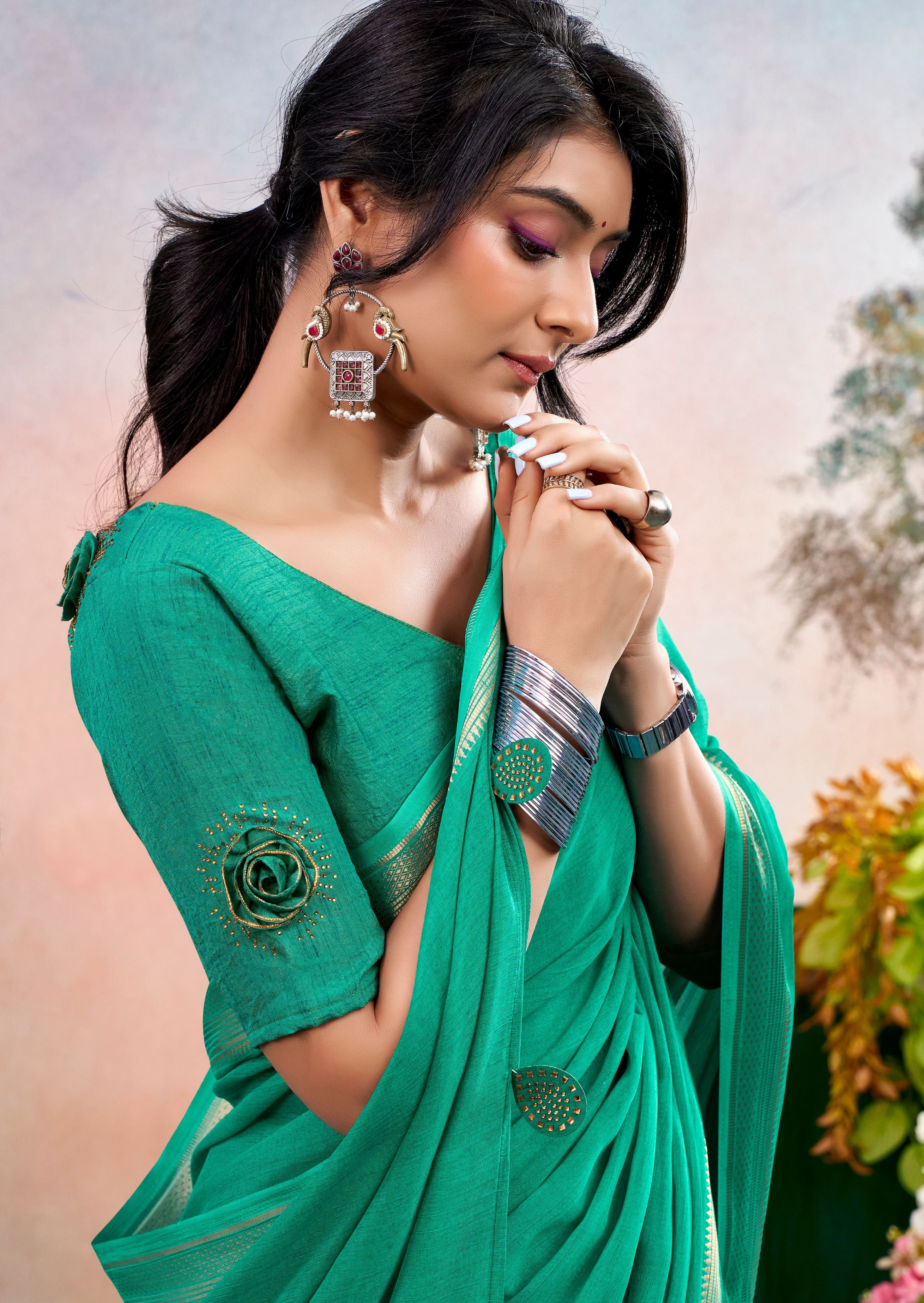 Elvion Light Green Chinon Saree with Floral Design | Janki Blue | Pranjal Premium