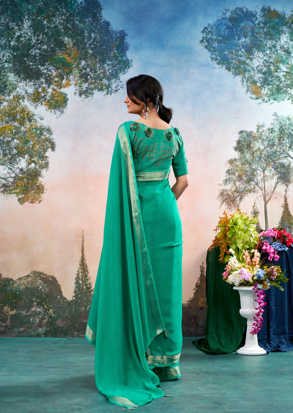 Elvion Light Green Chinon Saree with Floral Design | Janki Blue | Pranjal Premium