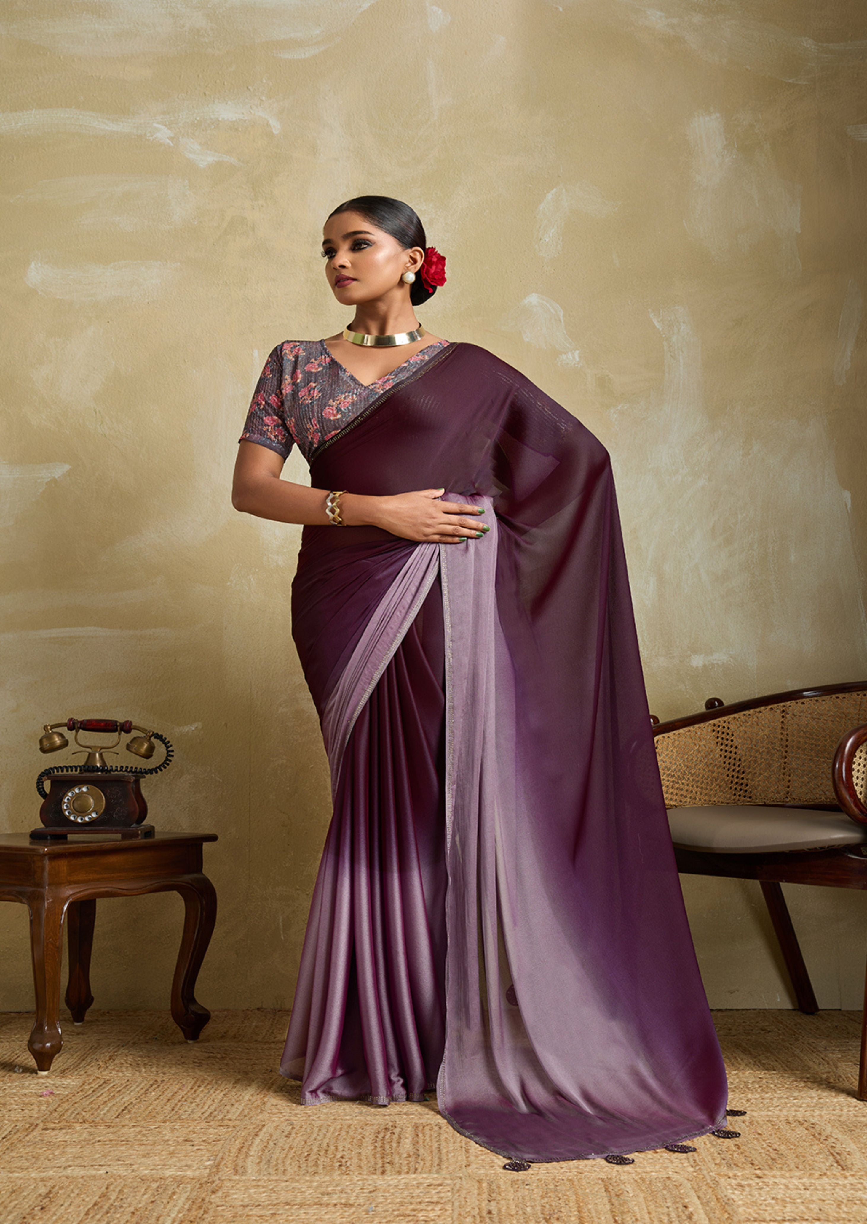 Midnight Velour Wine 3D Velvet Chiffon Saree | Swarovski & Sequence Blouse